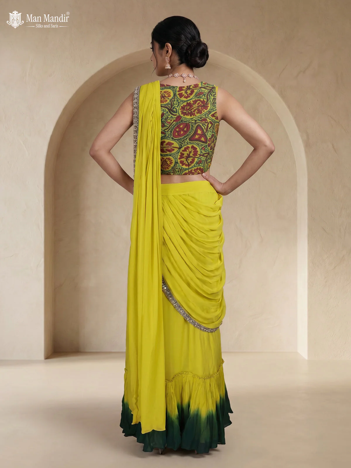 Lime Yellow-Bottle Green Georgette Pre Draped Saree - Image 3