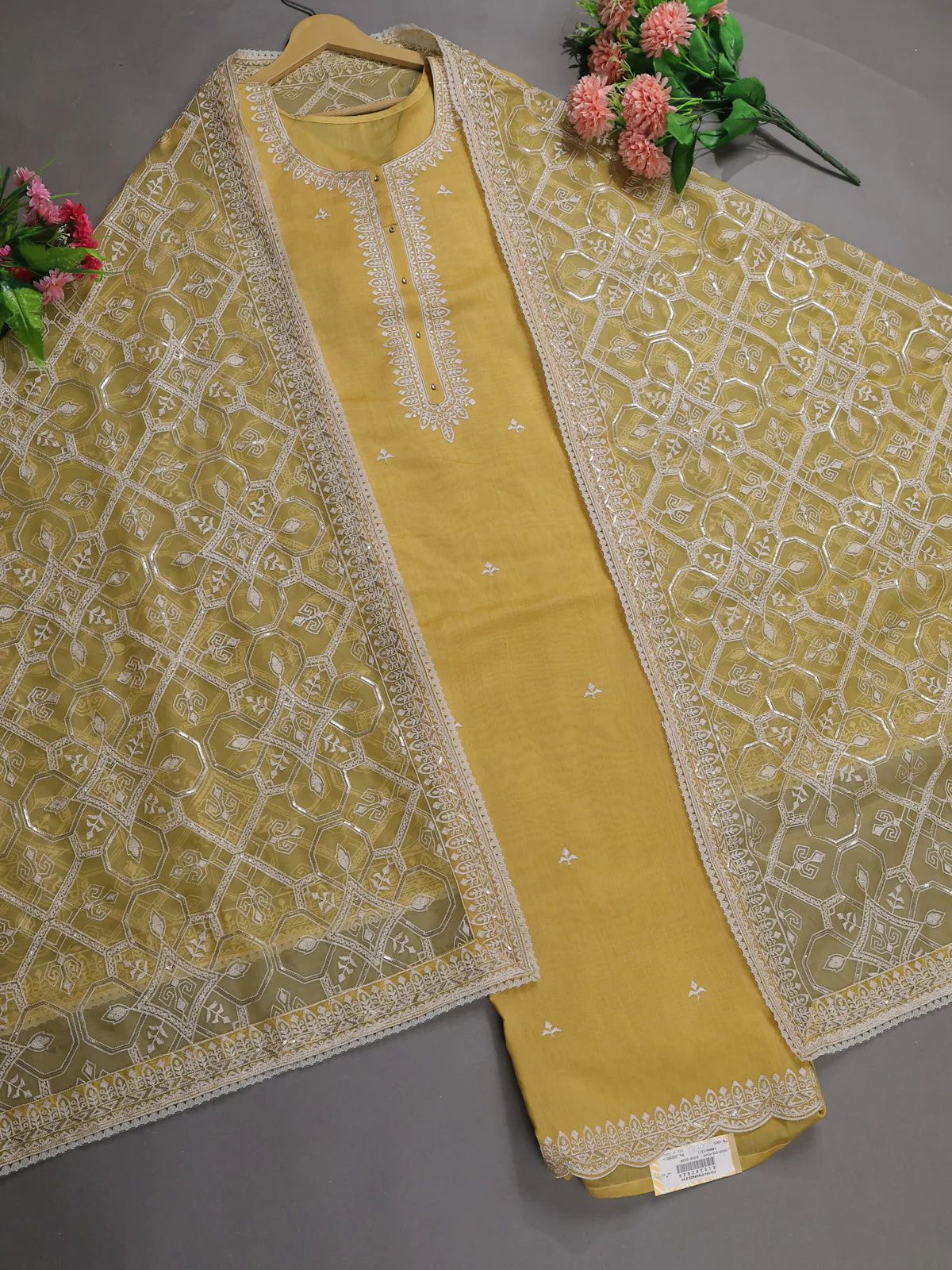 Lime Yellow Mul Chanderi Semi Stitched Suit