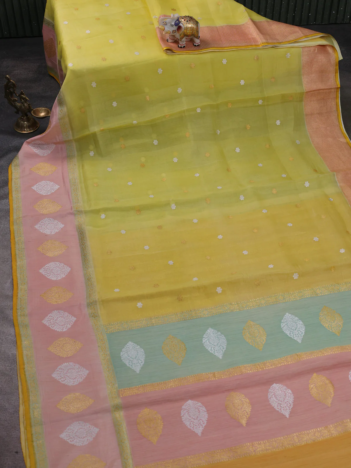 Lime Yellow-Peach Banarasi Kora Saree - Image 2