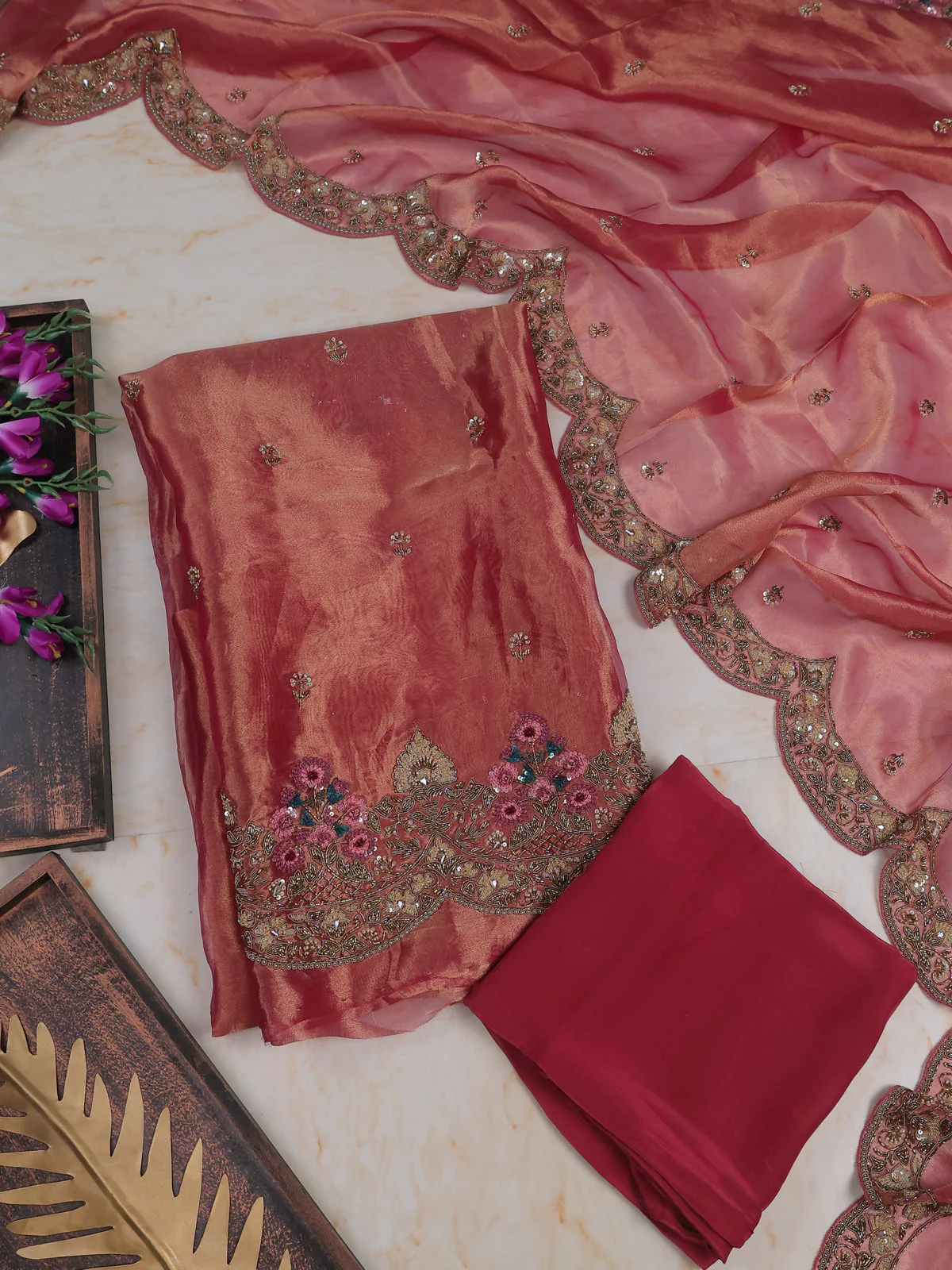 Magenta Pink Tissue Unstitched Suit - Image 2