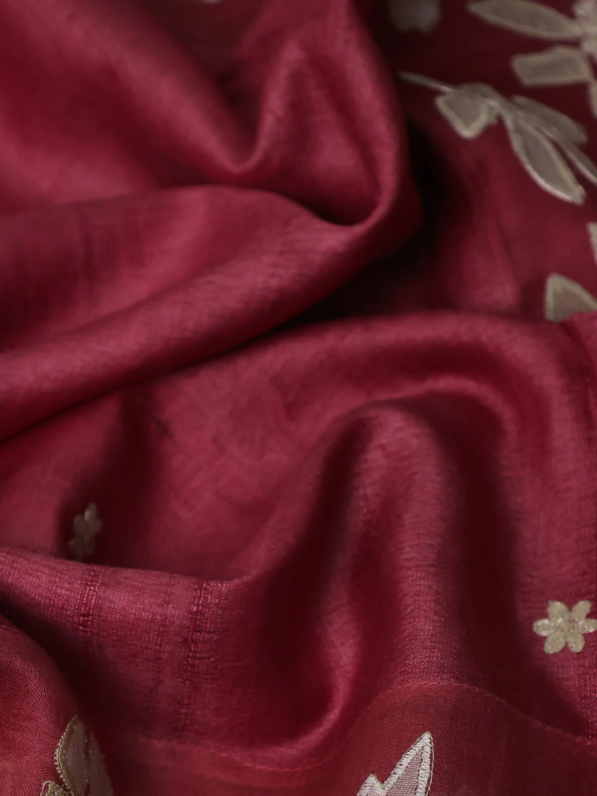 Maroon Tussar Embroidery Silk Saree - Image 3