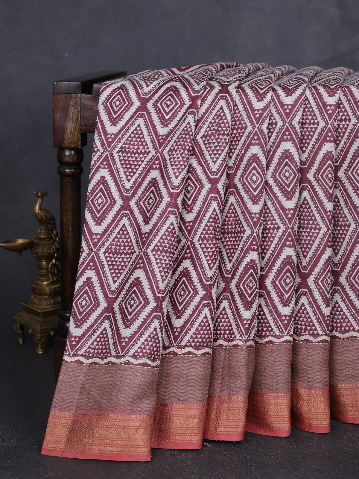 Maroon Tussar Kantha Embroidery Saree