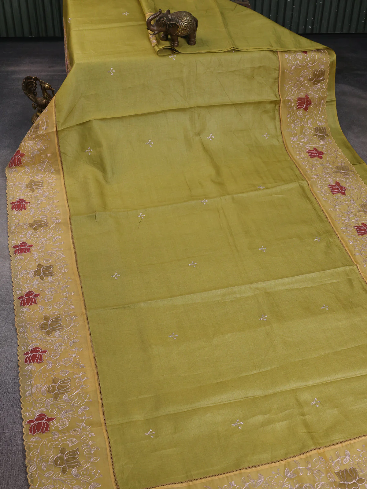 Mehendi Green - Yellow Tussar Embroidery Saree - Image 2