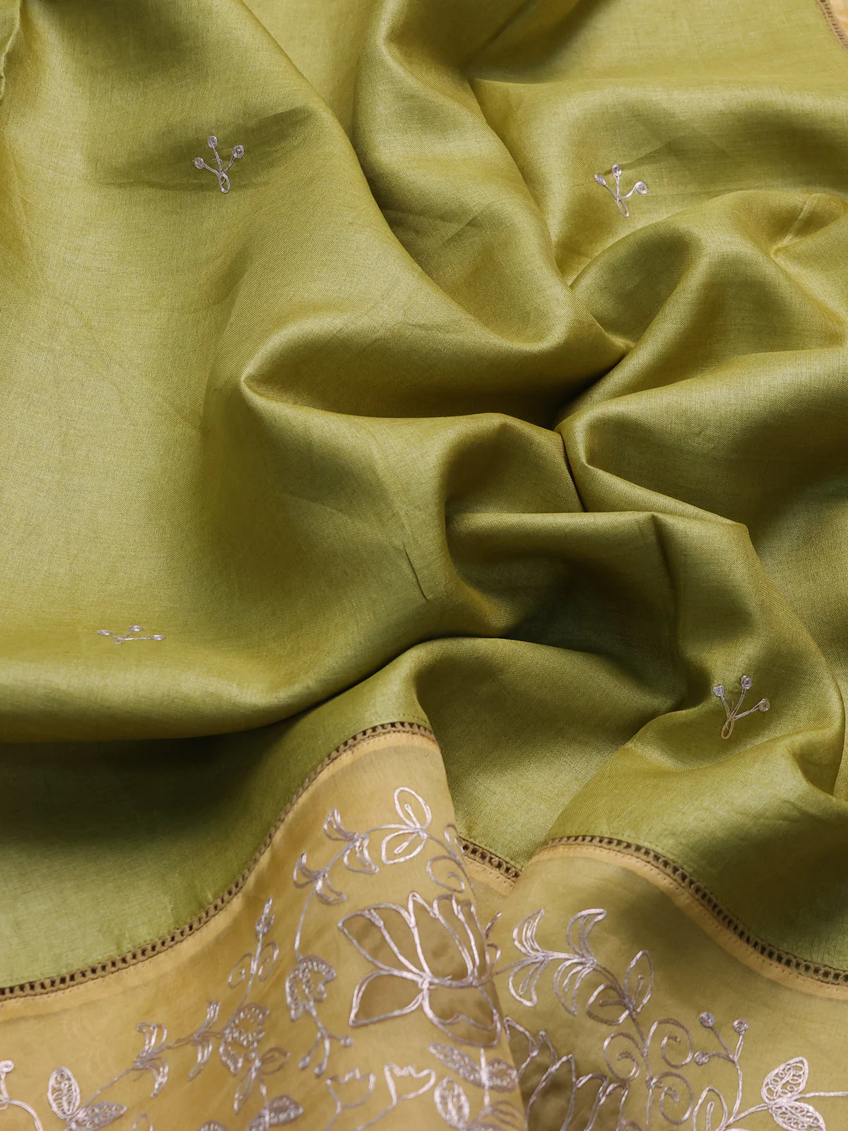 Mehendi Green - Yellow Tussar Embroidery Saree - Image 3