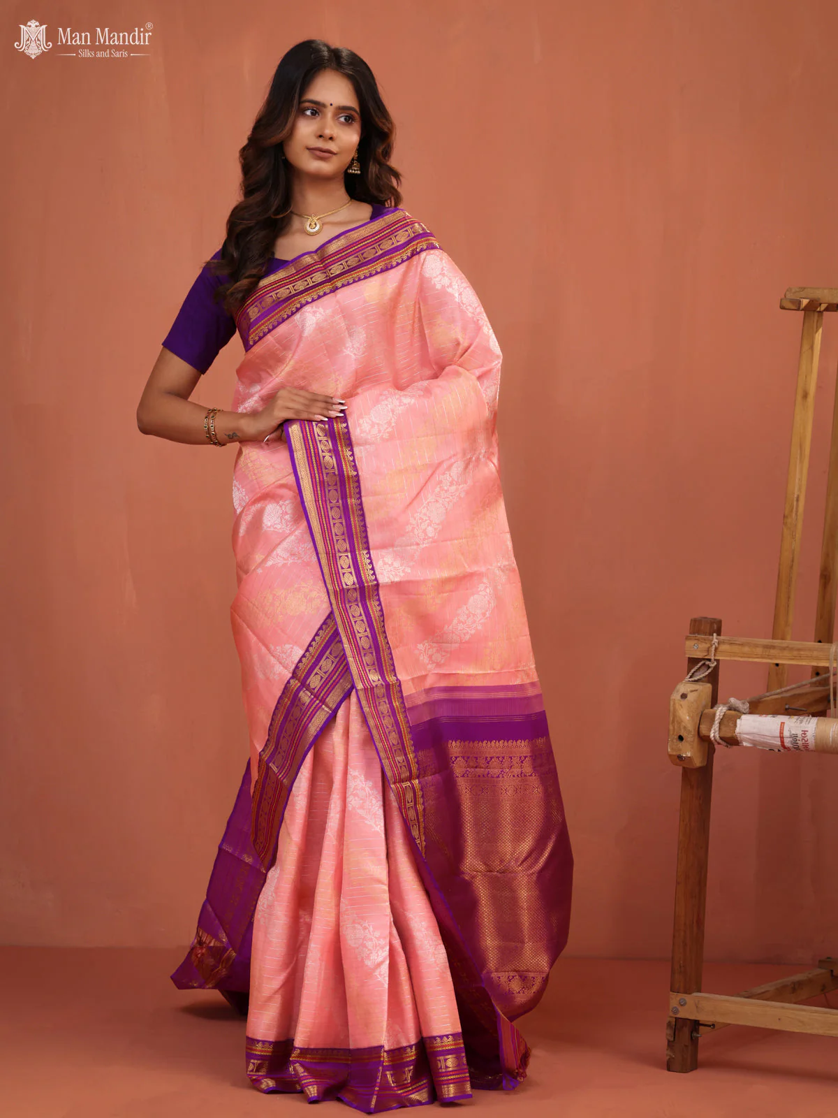 Mild Peach - Purple Kanchipuram Silk Saree