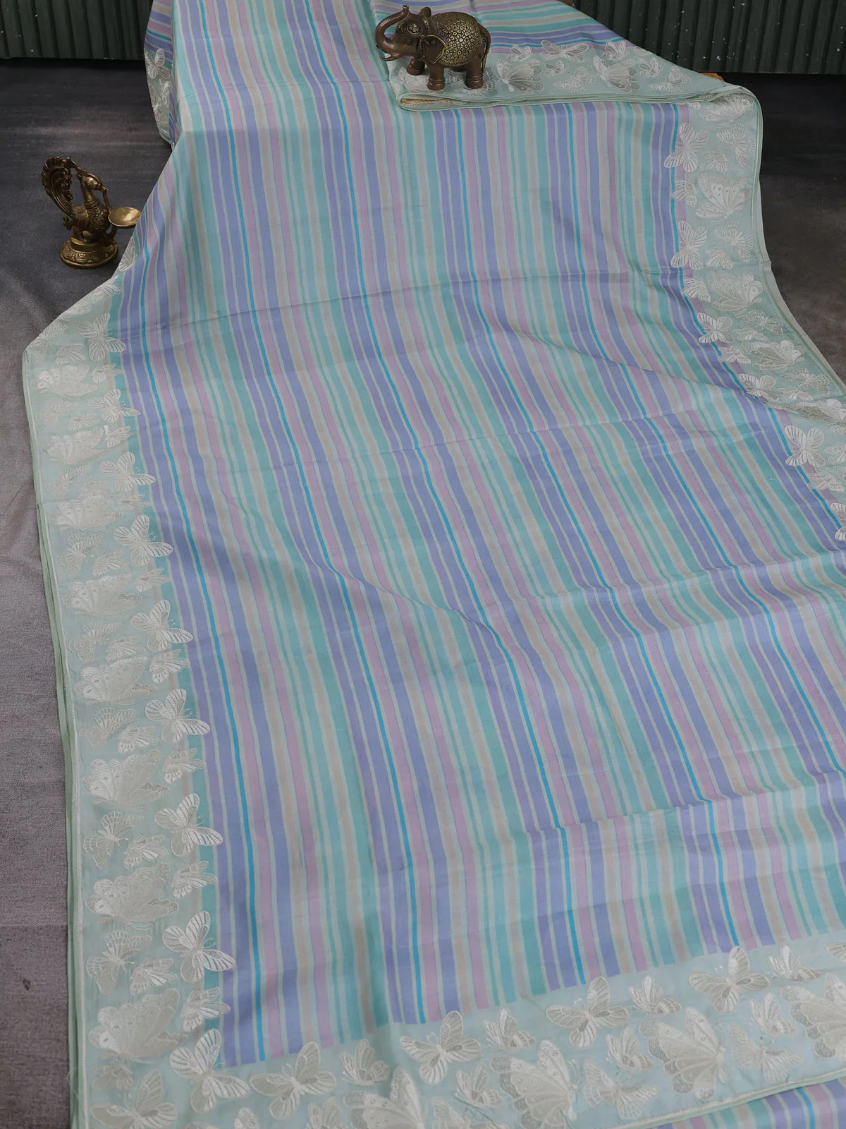 Multi Colour - Mild Pista Green Tussar Printed Embroidery Silk Saree - Image 2