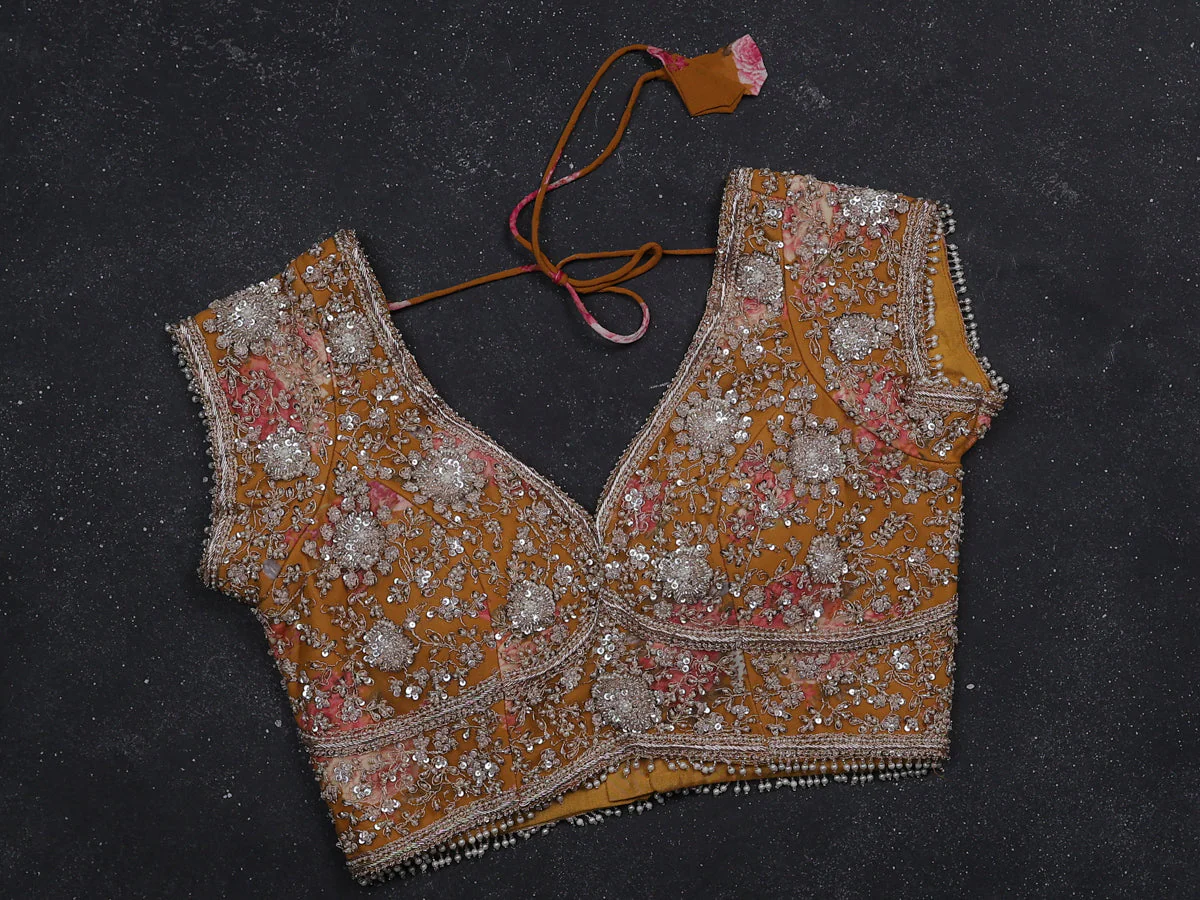 Mustard Georgette Designer Saree With Embroidery Readymade Blouse - Image 4