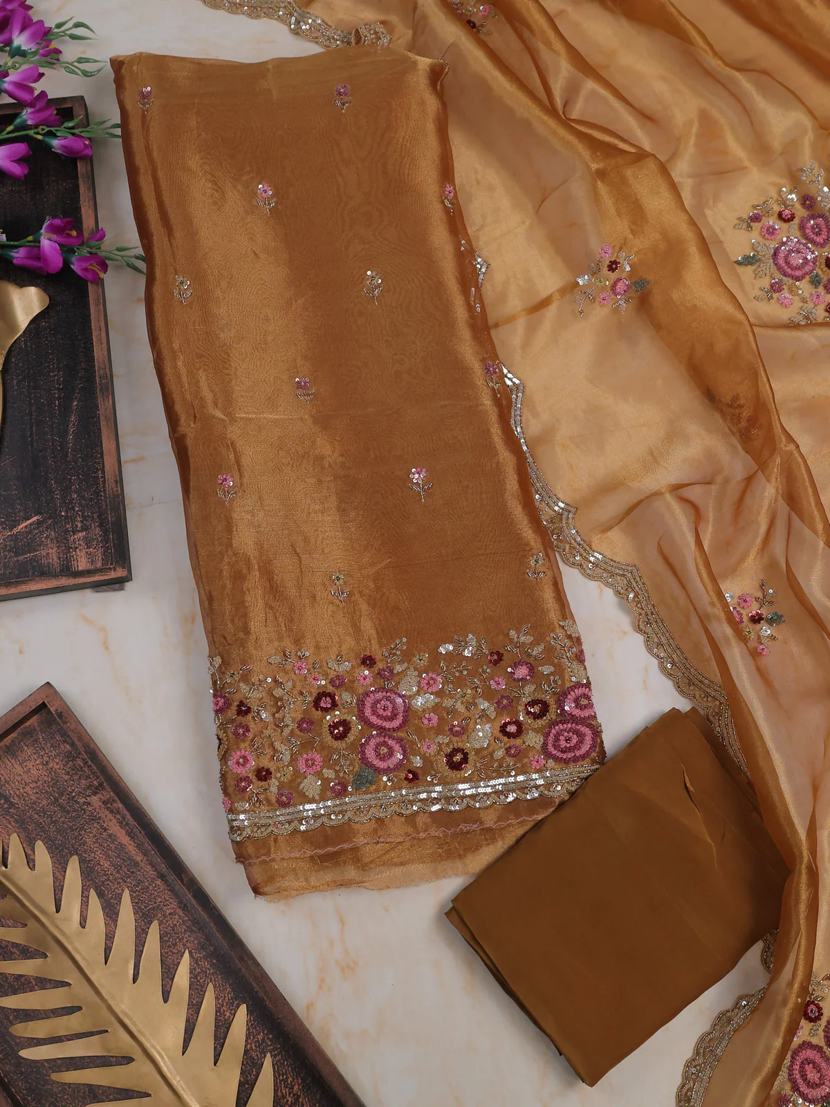 Mustard Tissue Unstitched Suit - Image 2