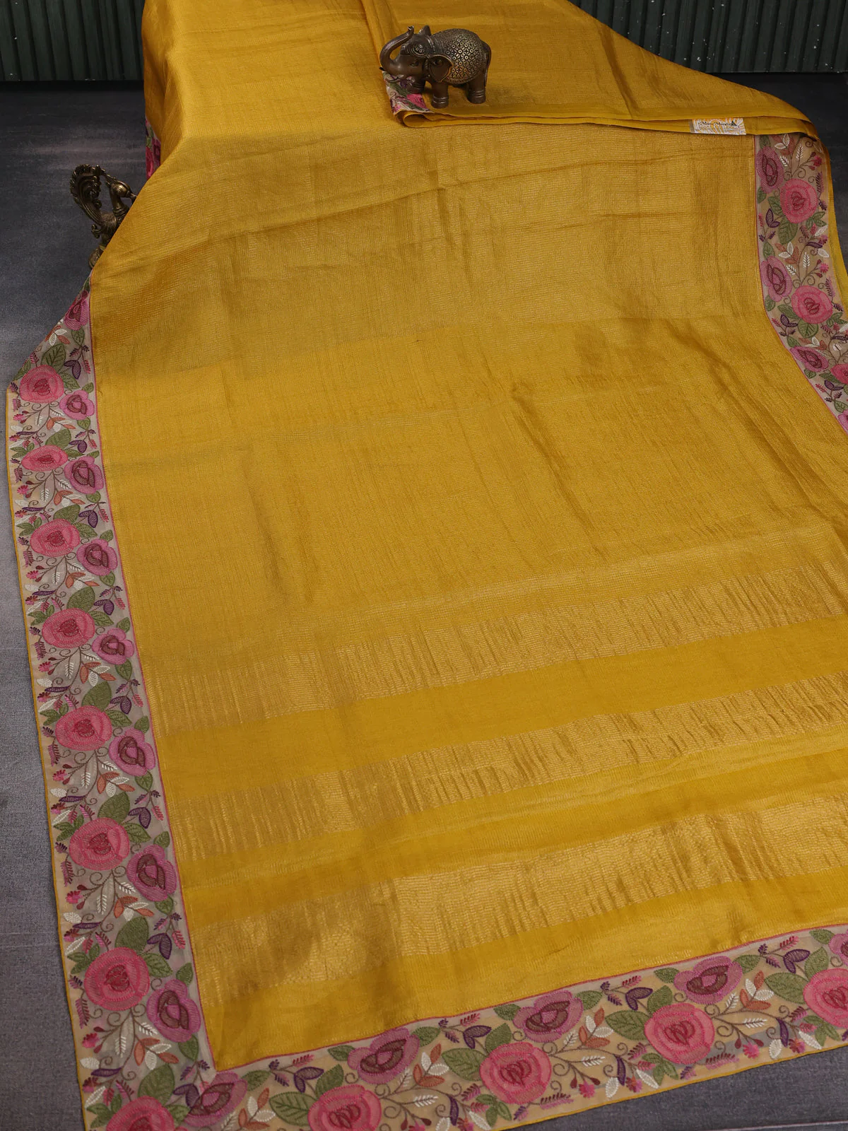 Mustard Yellow - Beige Tussar Zari Checked Pattern Embroidery Saree - Image 2