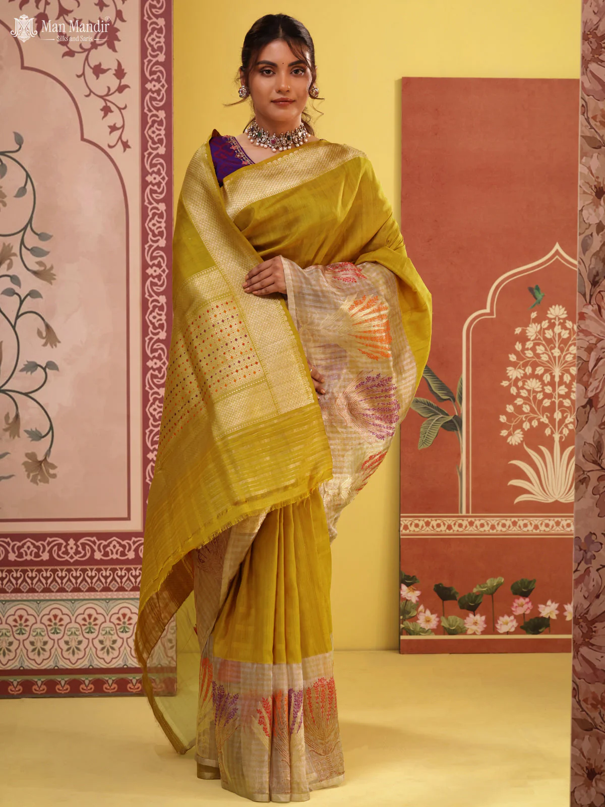 Mustard Yellow - Silver Banarasi Tussar Silk Saree - Image 4