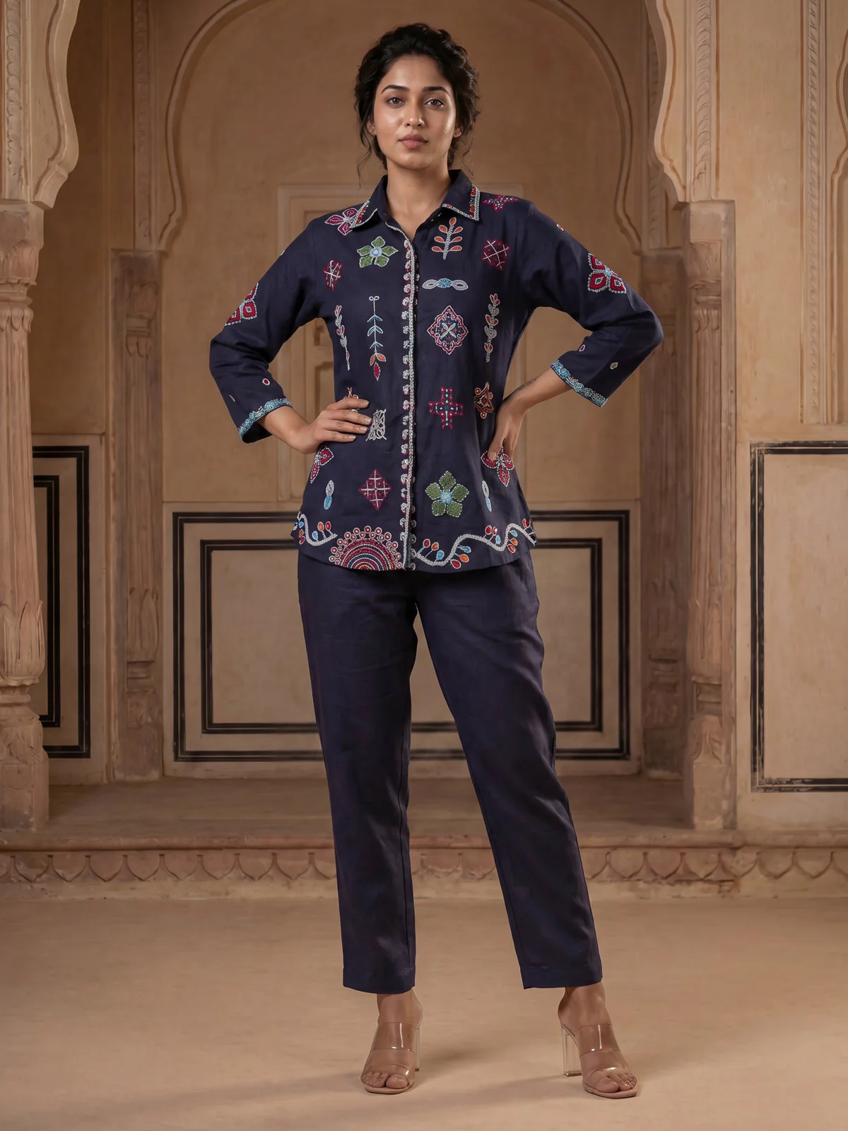 Navy Blue Linen Cotton Collared Tunic Top With Multi Colour Embroidery And Straight Cut Pant