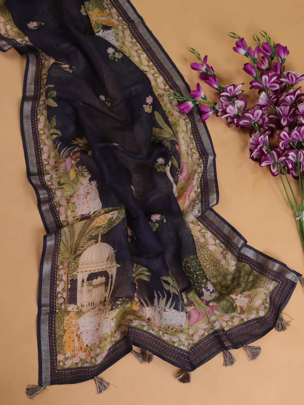 Off White - Dark Blue Linen Unstitched Suit - Image 3