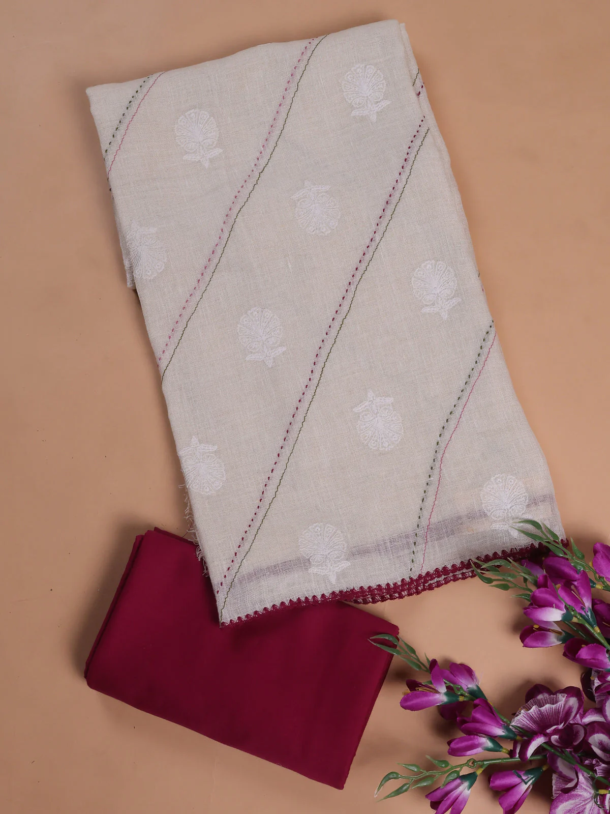 Off White - Dark Magenta Linen Unstitched Suit - Image 2