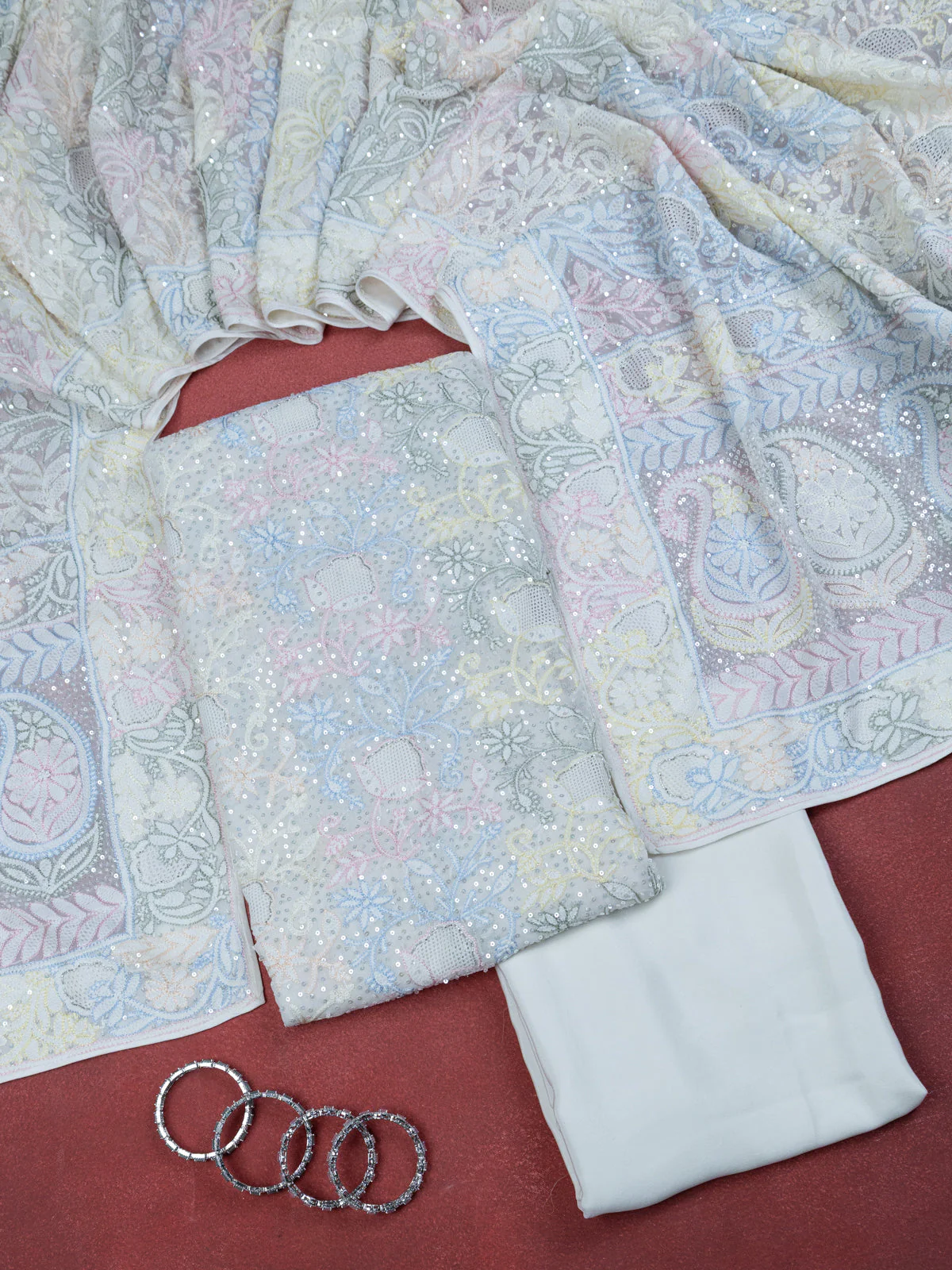 Off-White Georgette Unstitched Suit with Chikankari Work