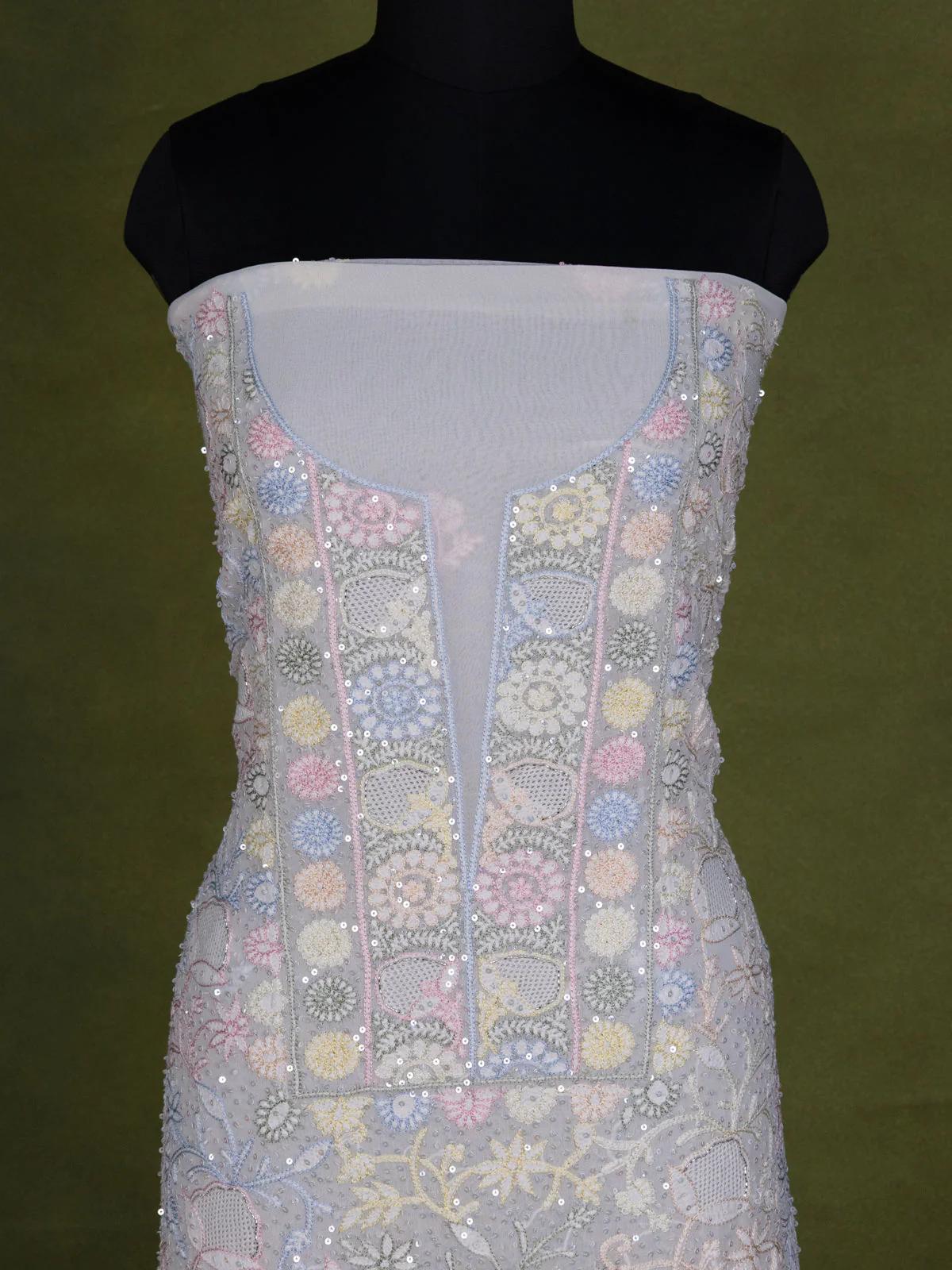 Off-White Georgette Unstitched Suit with Chikankari Work - Image 2
