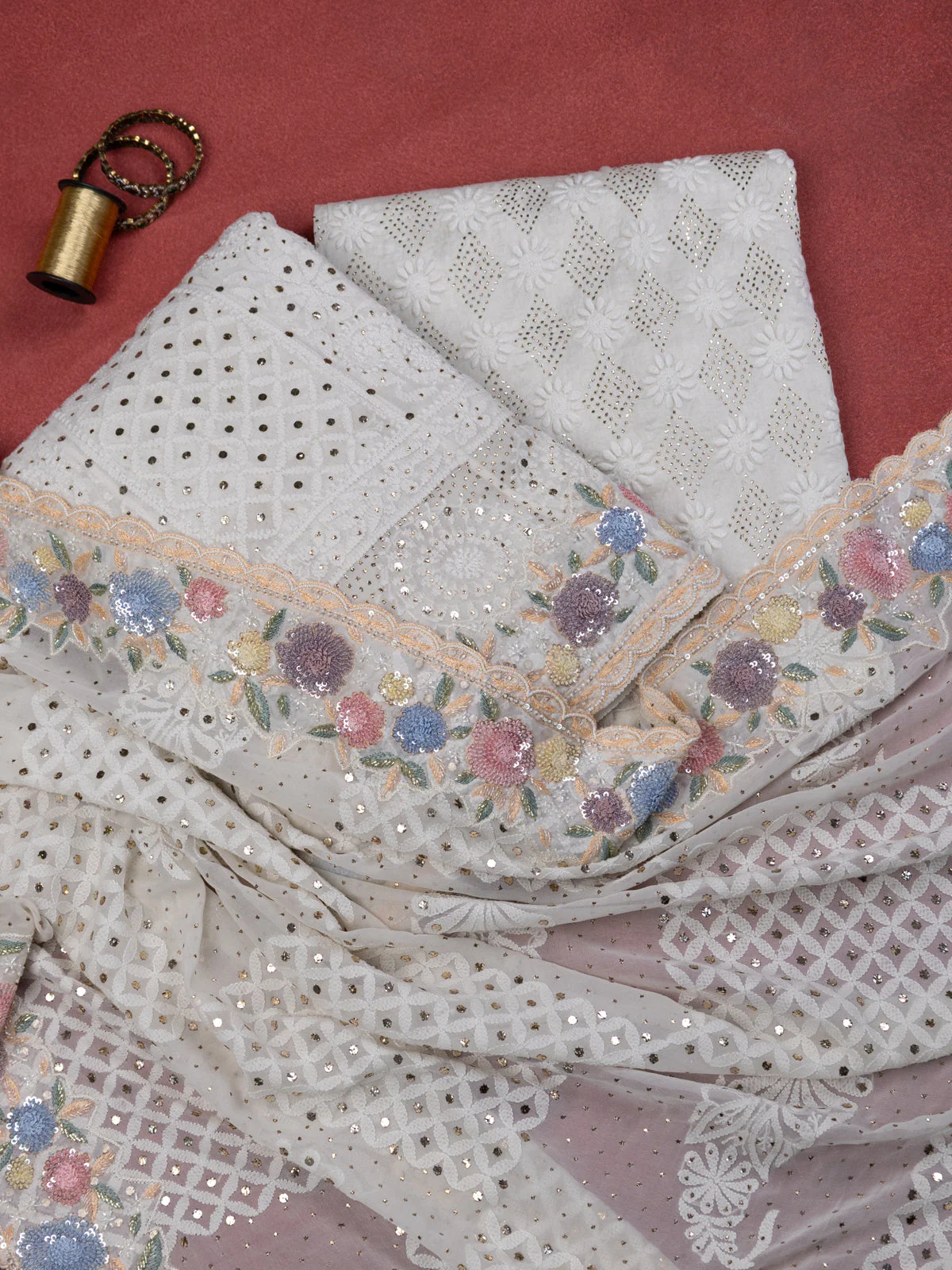 Off-White Georgette Unstitched Suit with Chikankari Work