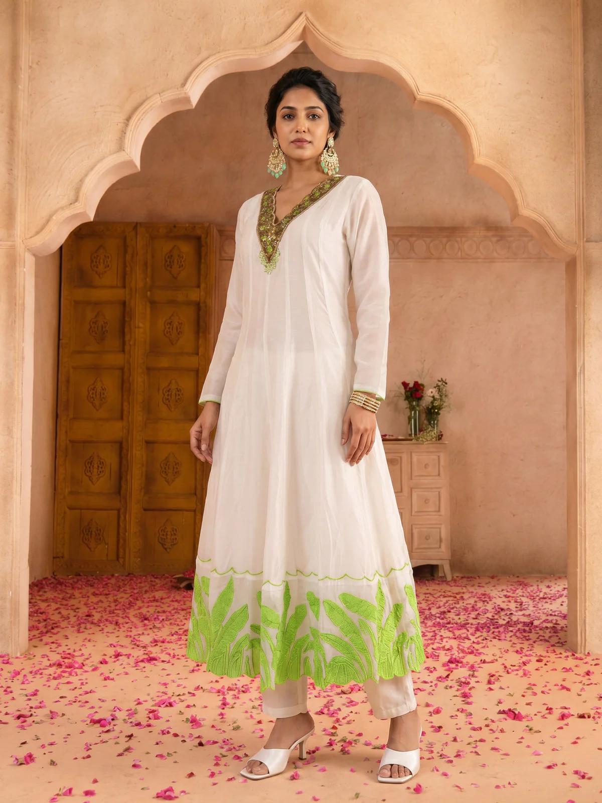 Off White-Light Green Pure Chanderi Anarkali Suit - Image 3