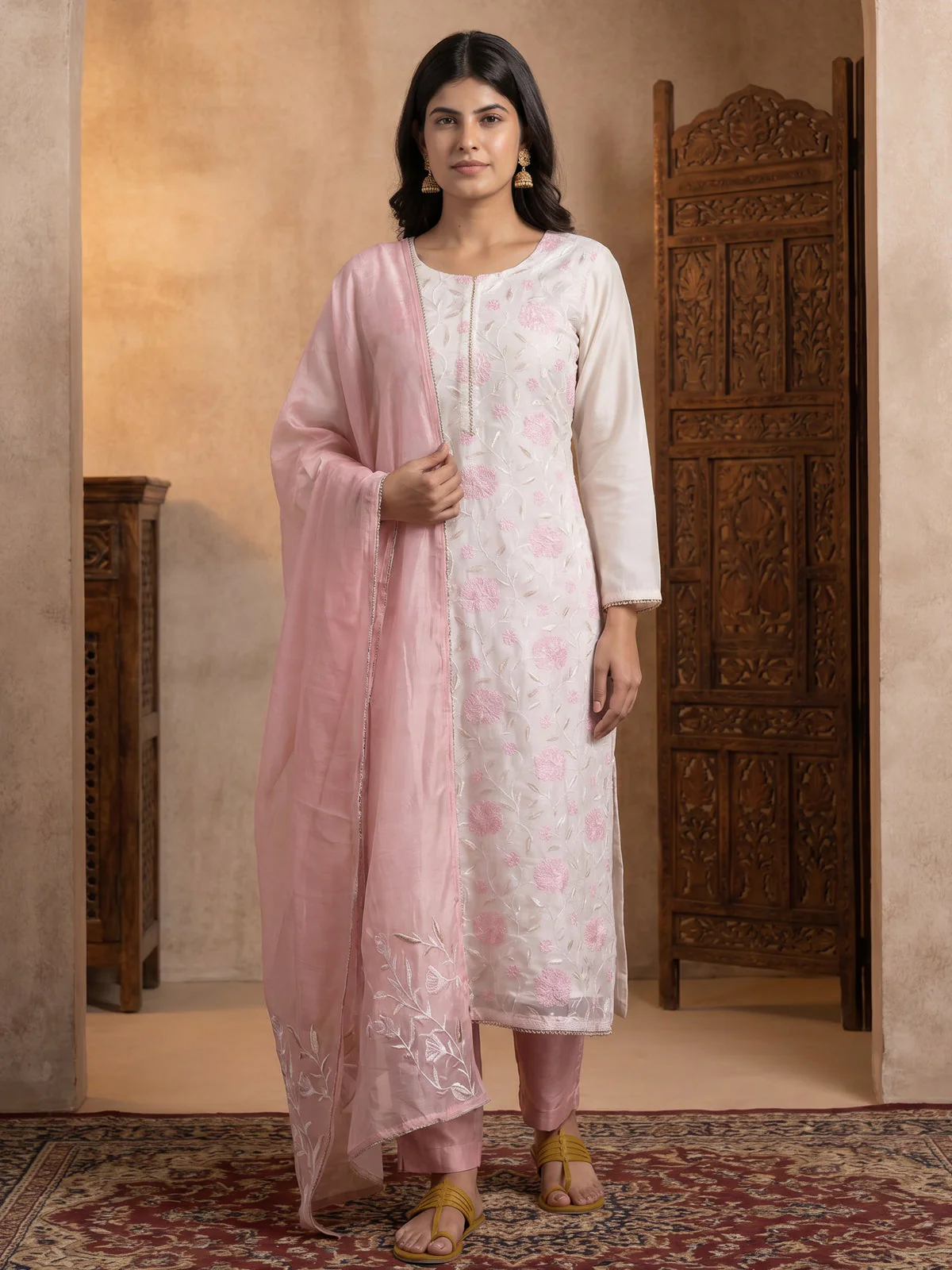 Off White-Mild Peach Mul Chanderi Salwar Suit