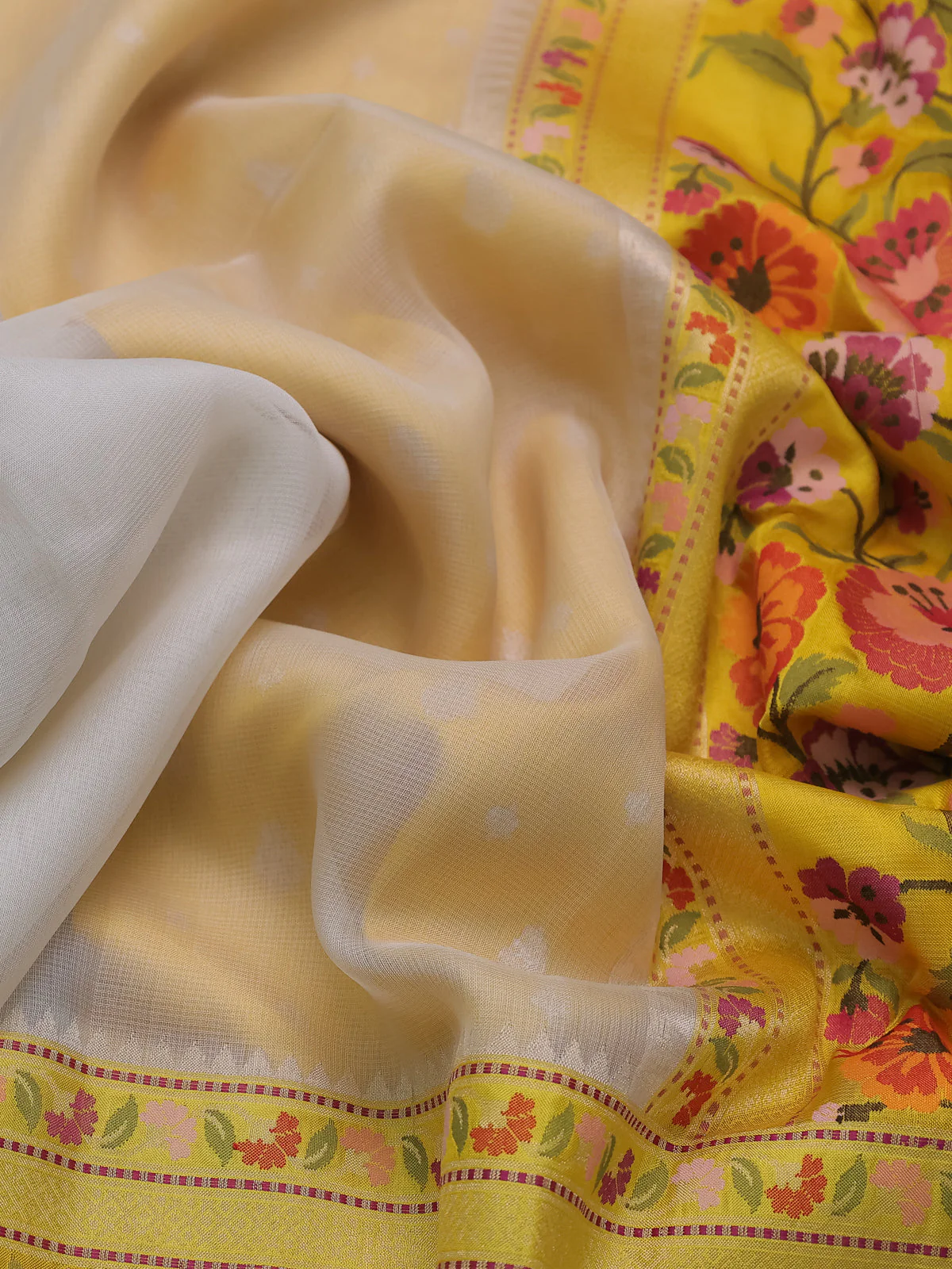 Off White-Mustard Yellow Banarasi Kora Saree - Image 3