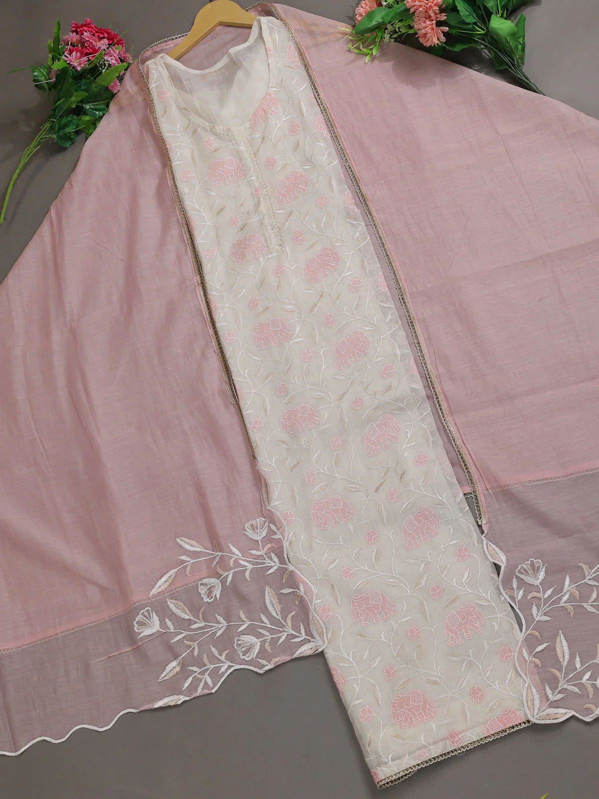 Off White -Peach Mul Chanderi Semi Stitched Suit