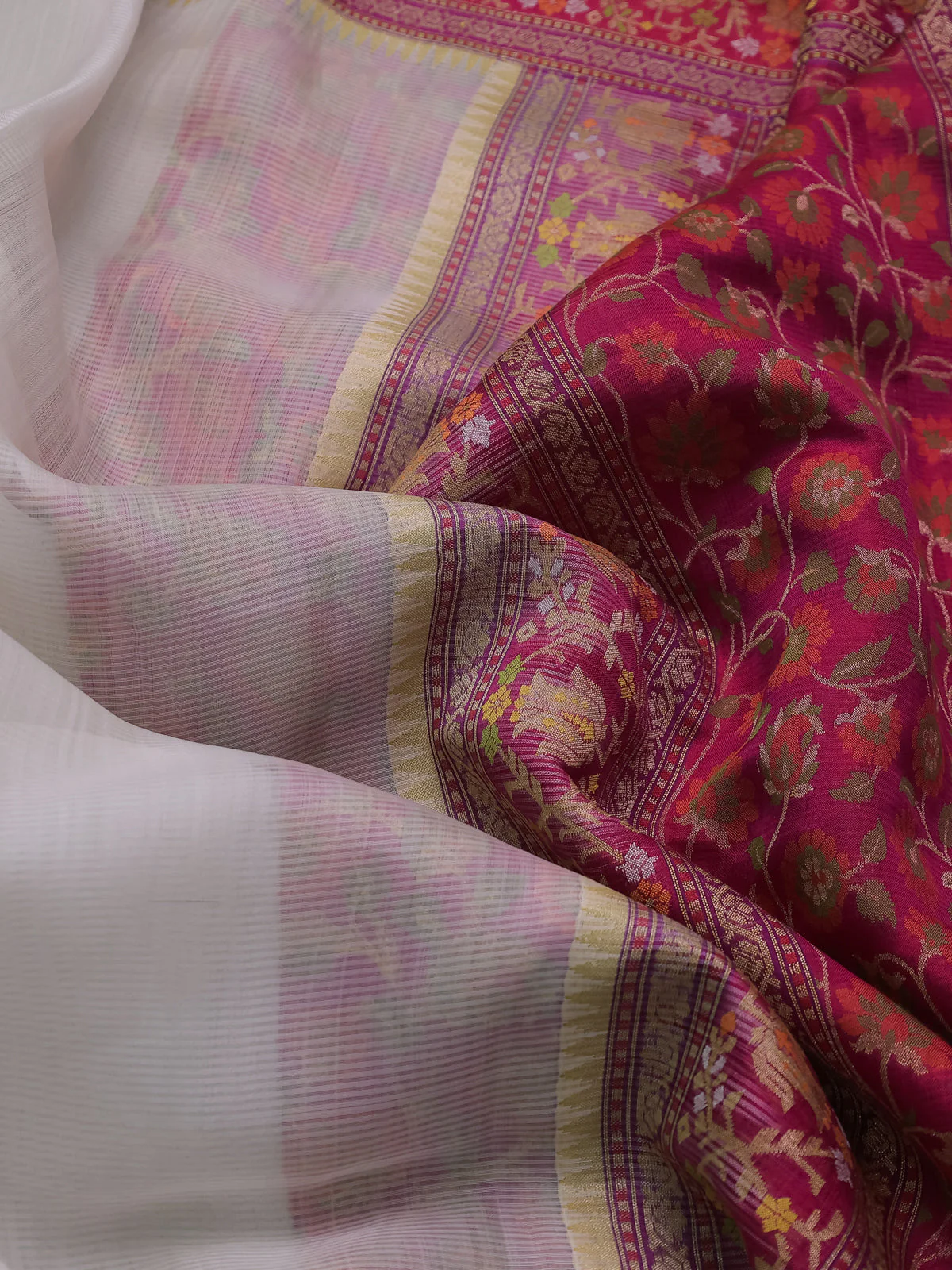 Off White-Pink Banarasi Kora Saree - Image 3