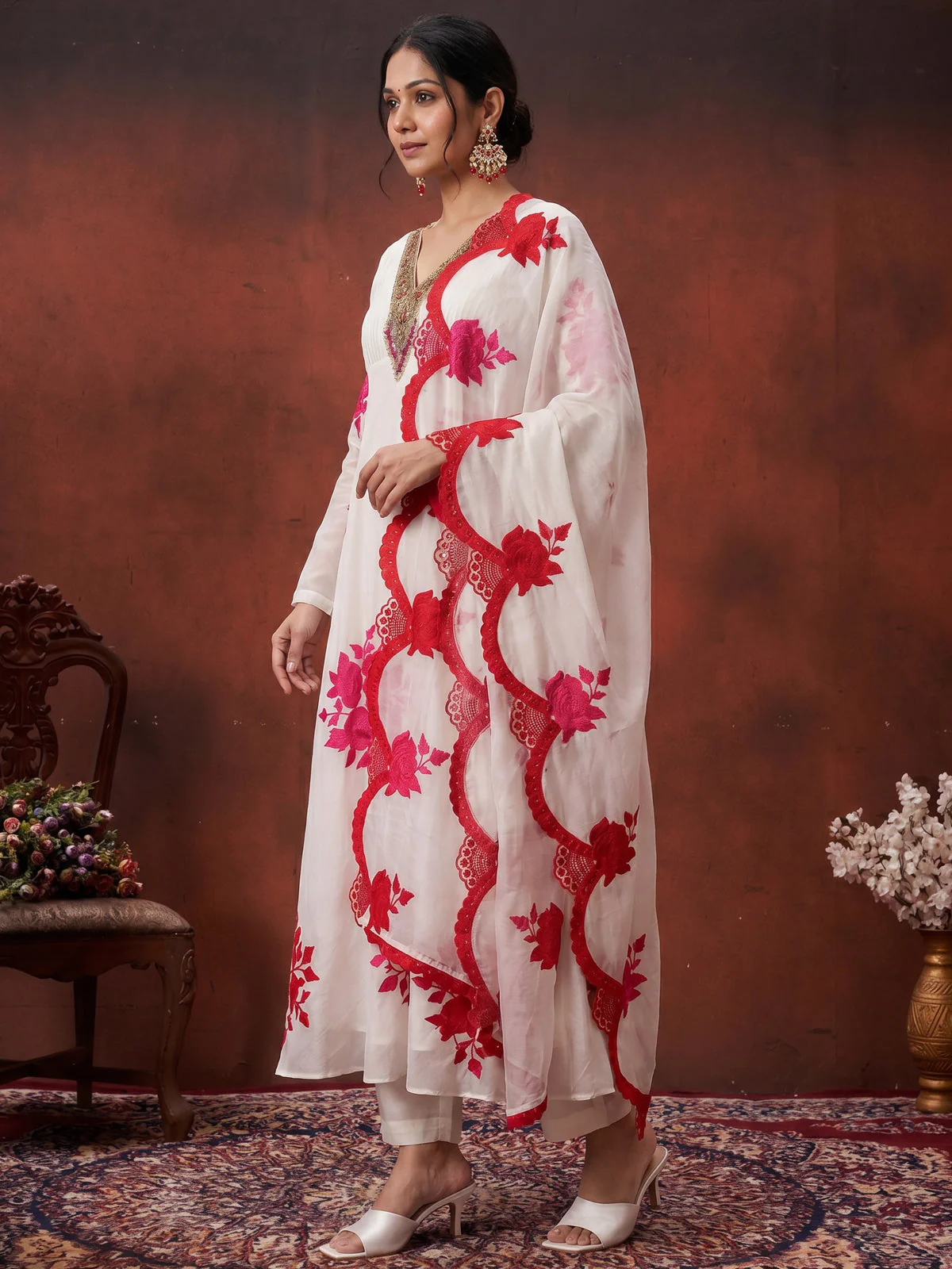 Off White-Pink Pure Chanderi Anarkali Suit - Image 2