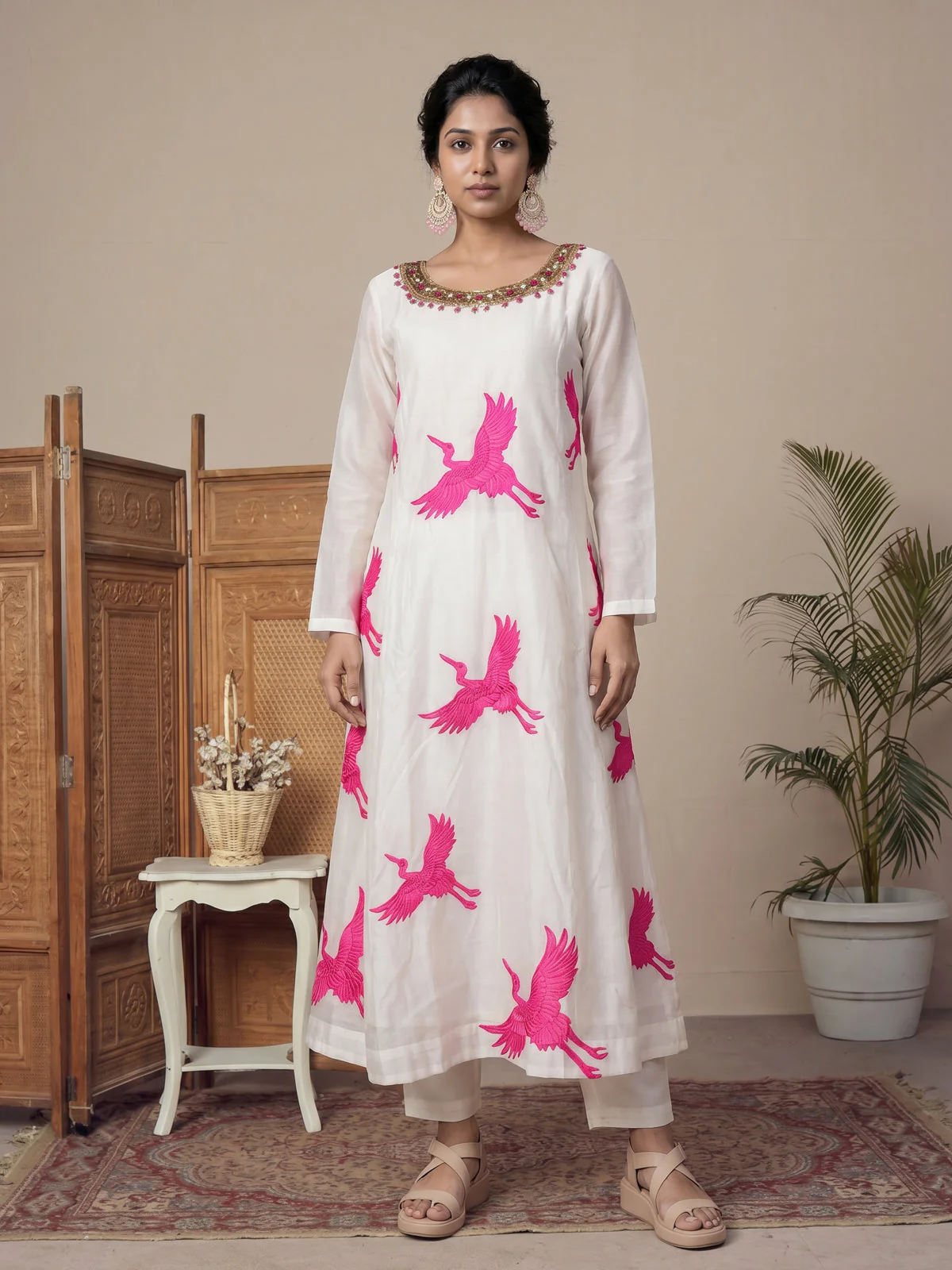 Off White-Pink Pure Chanderi Anarkali Suit - Image 2