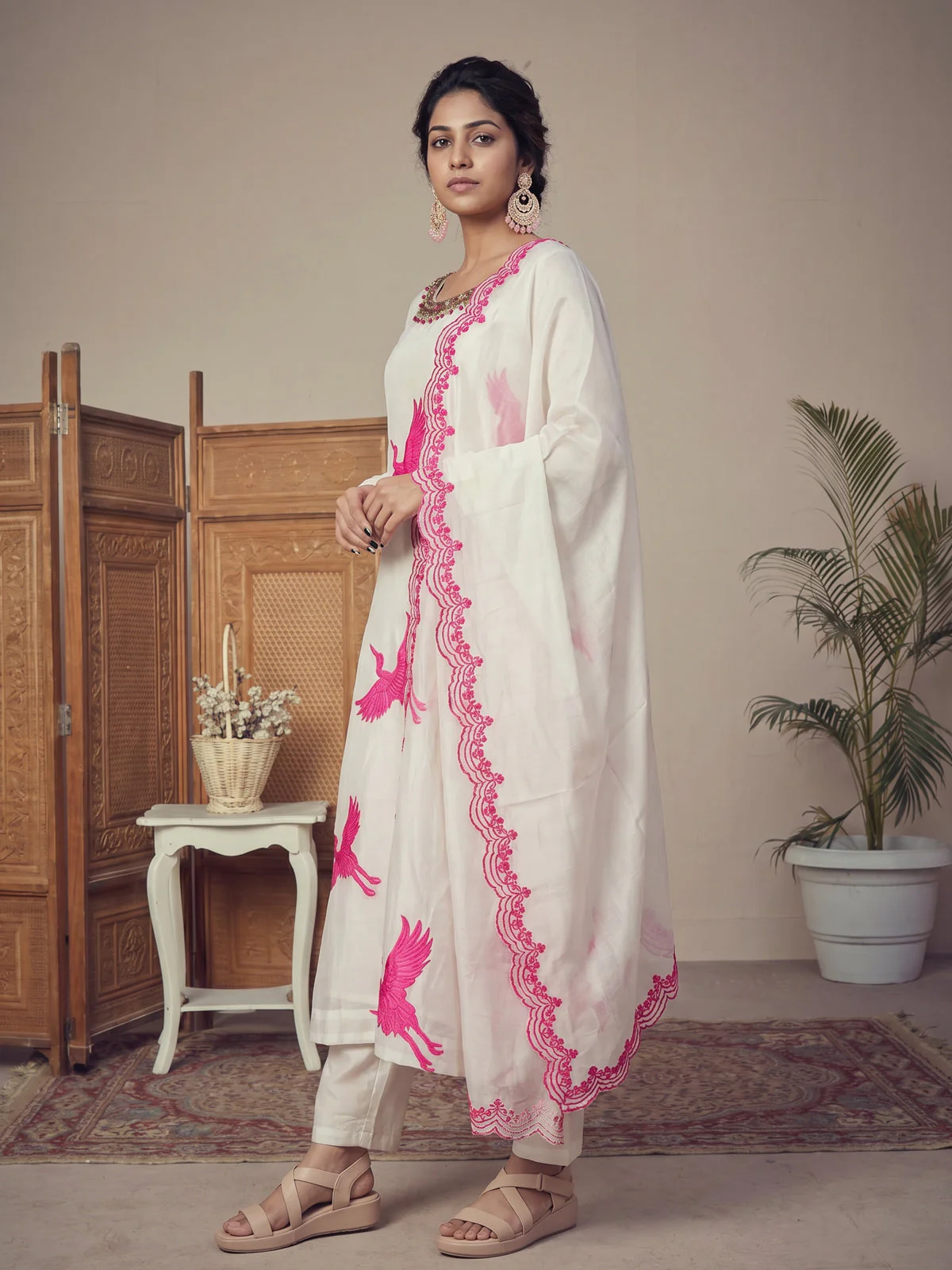 Off White-Pink Pure Chanderi Anarkali Suit - Image 3