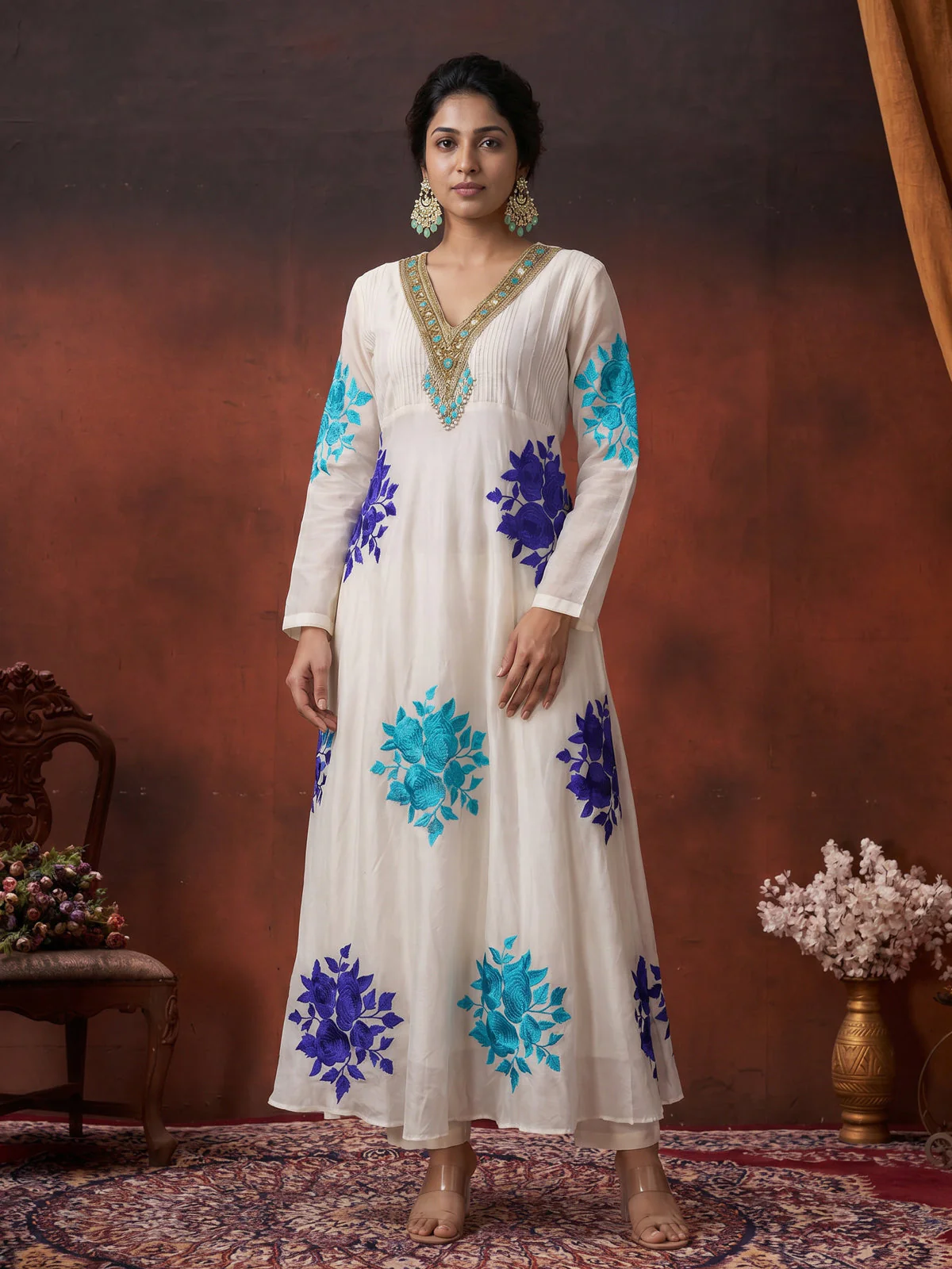 Off White Pure Chanderi Anarkali Suit