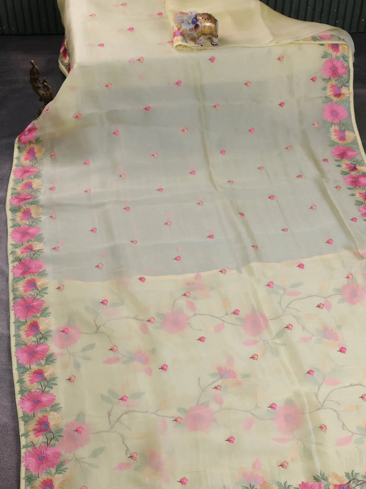 Pale Yellow Organza Embroidery Silk Saree - Image 2