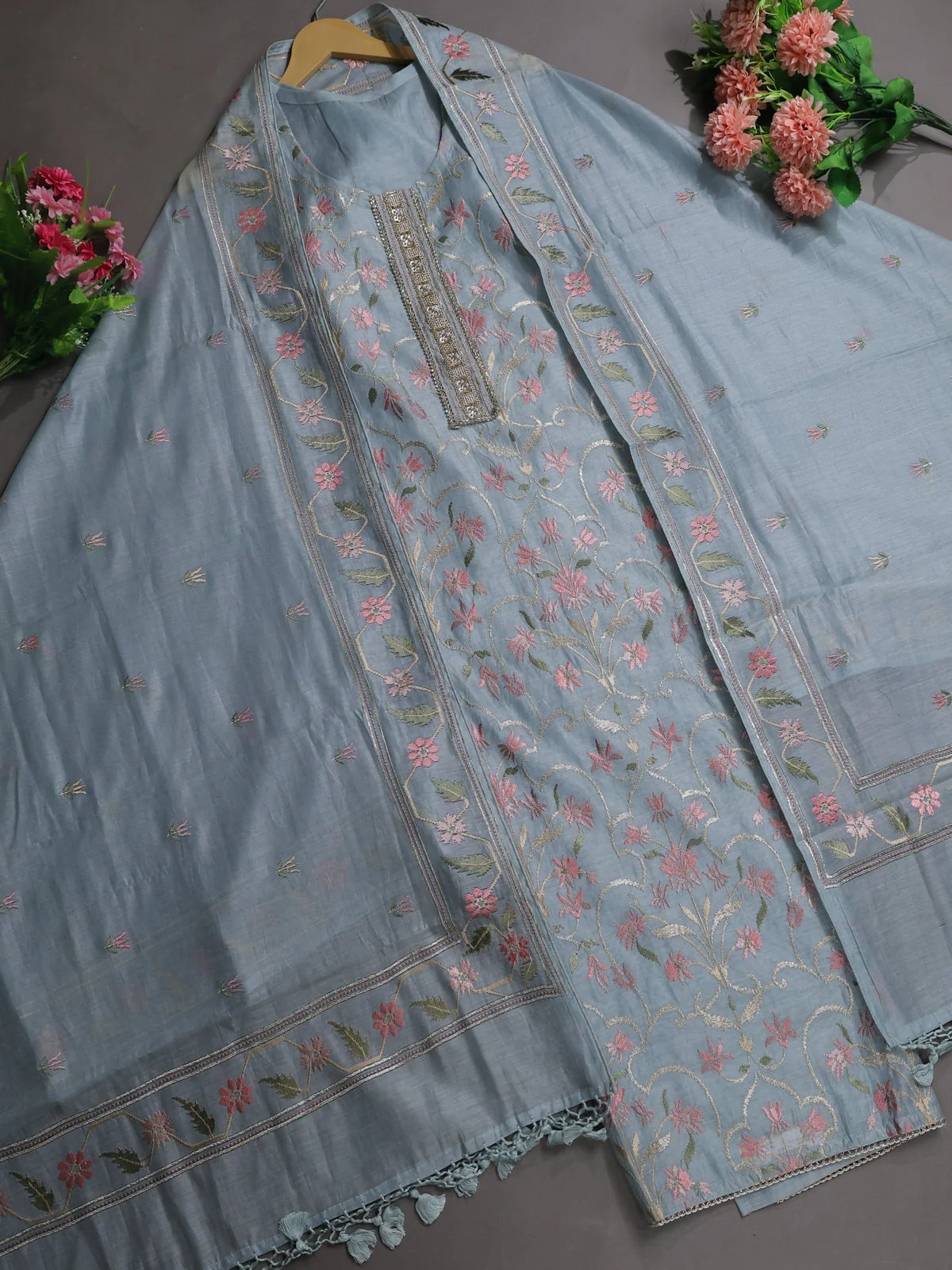 Pastel Blue Mul Chanderi Semi Stitched Suit