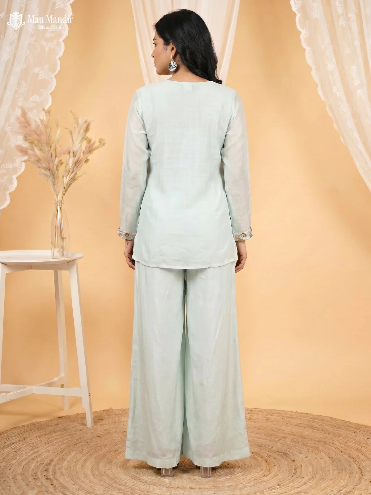 Pastel Green Cape With Palazzo Suits & Zardosi Work - Image 3