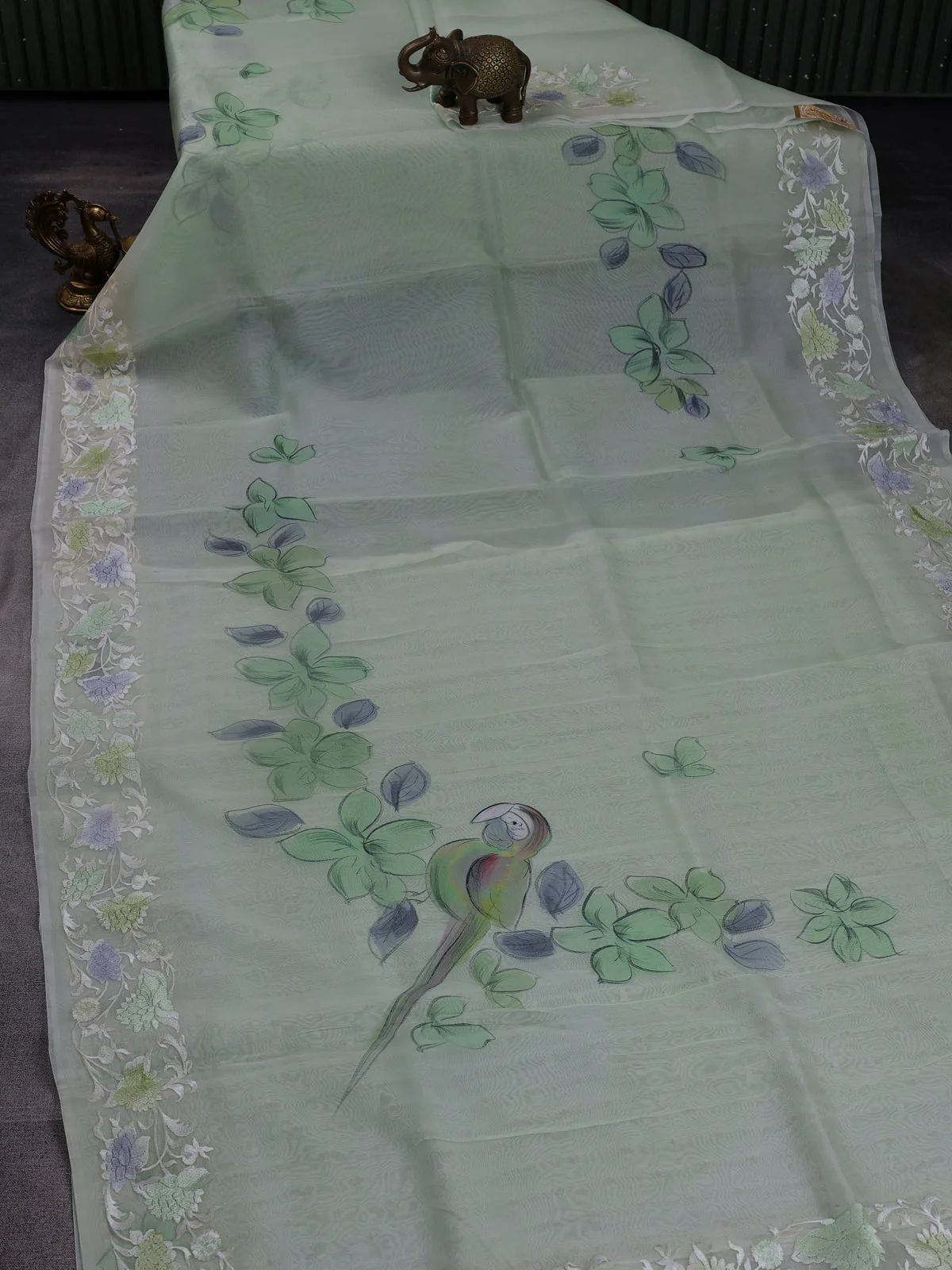 Pastel Green - Cream Organza Silk Saree
