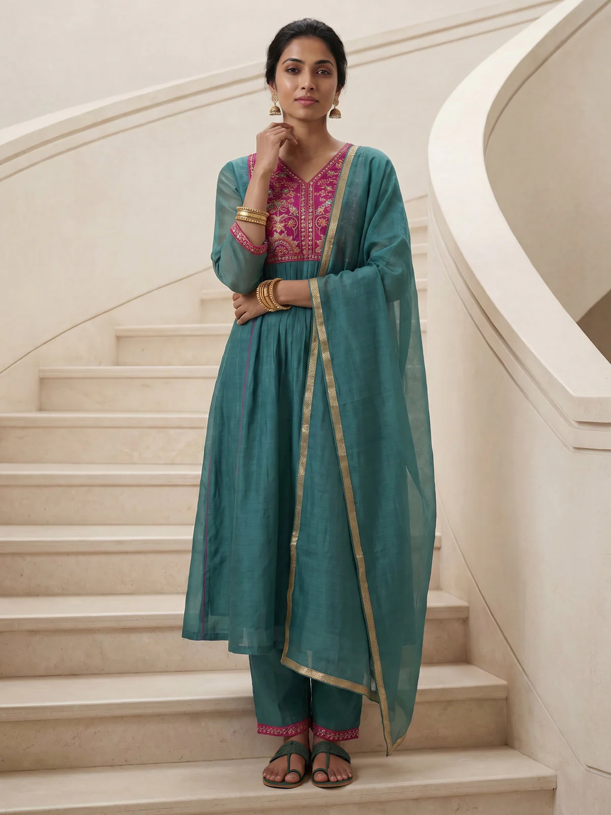 Pastel Green Mul Chanderi Anarkali Suit