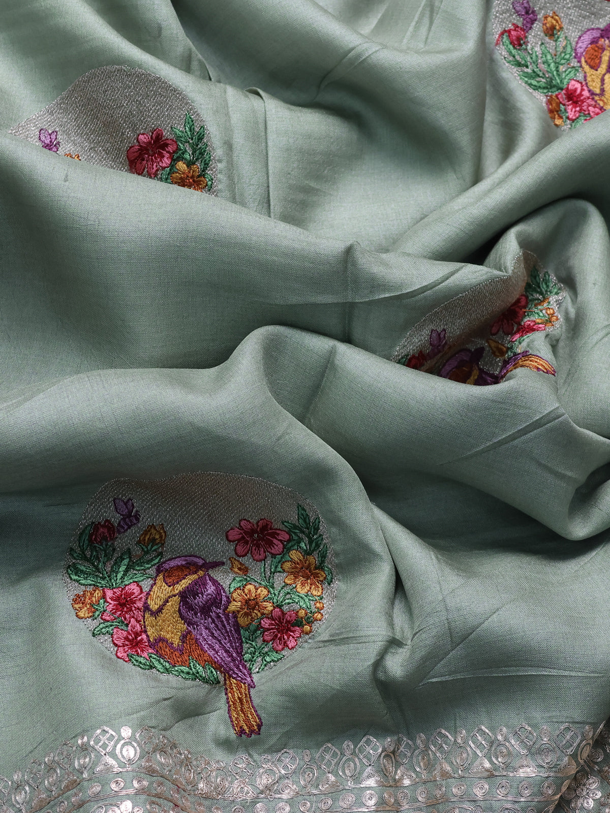 Pastel Green Tussar Embroidery Saree - Image 3