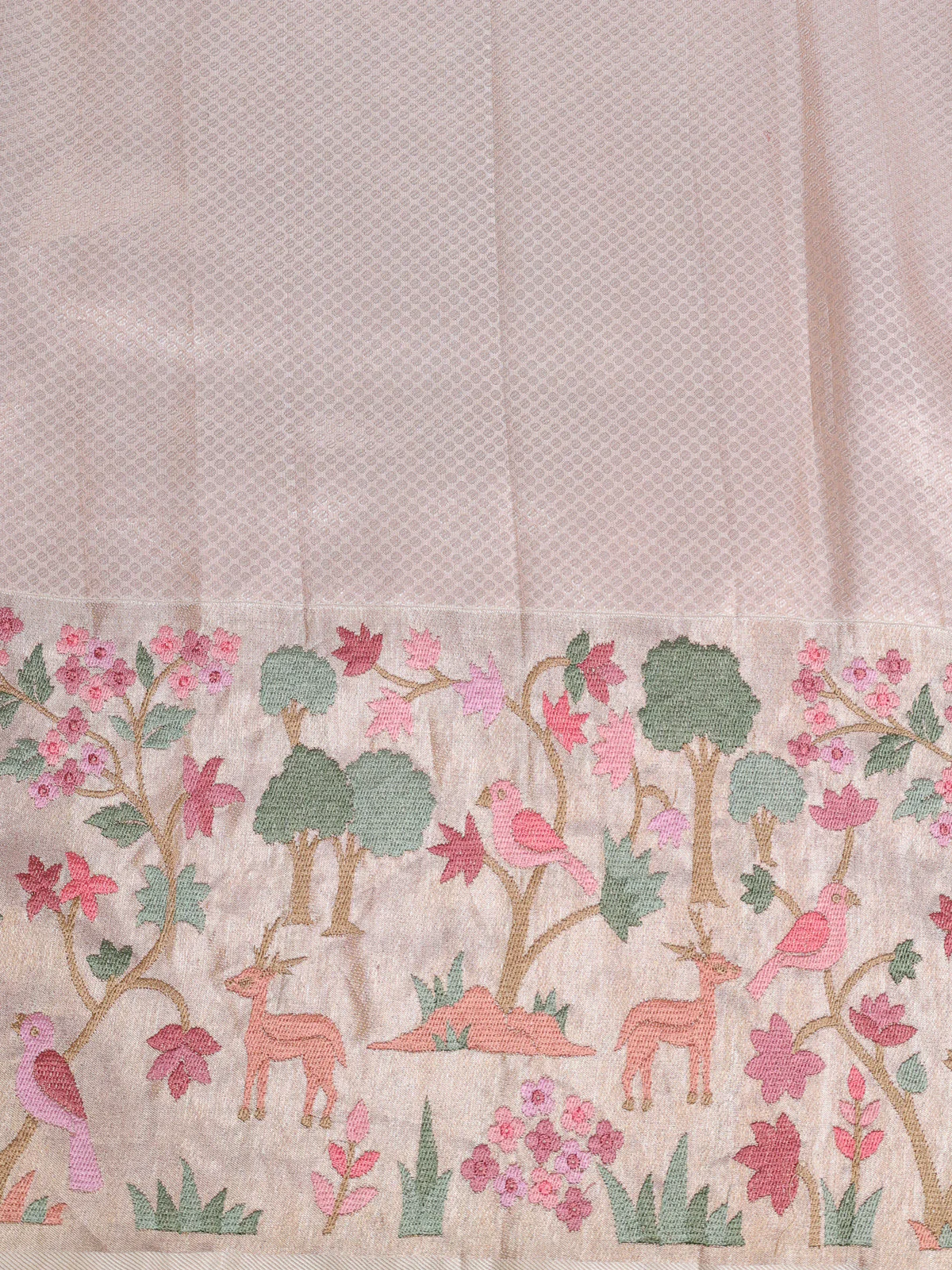 Peach - Cream Pure Kanchipuram Tissue Embroidery Silk Saree - Image 4