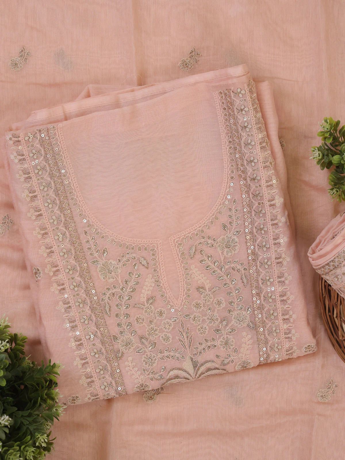 Peach Mul Chanderi Unstitched Suit - Image 2