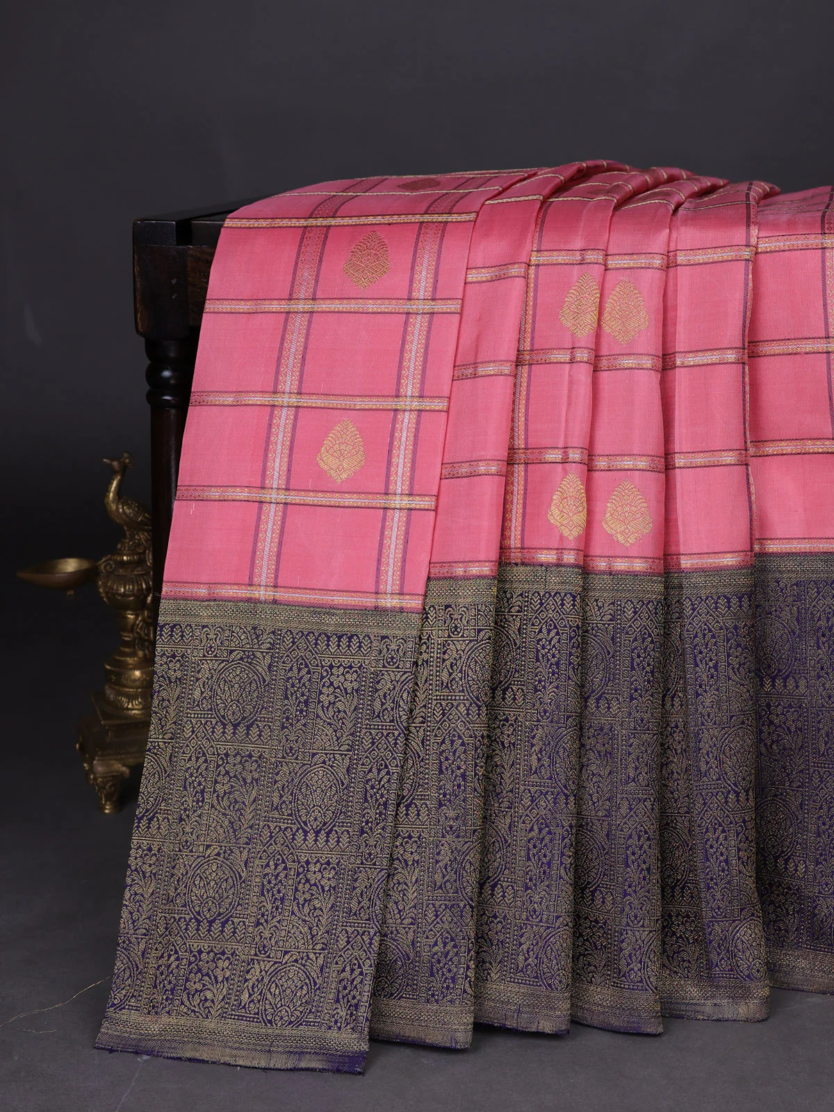 Peach - Navy Blue Pure Kanchipuram Silk Saree