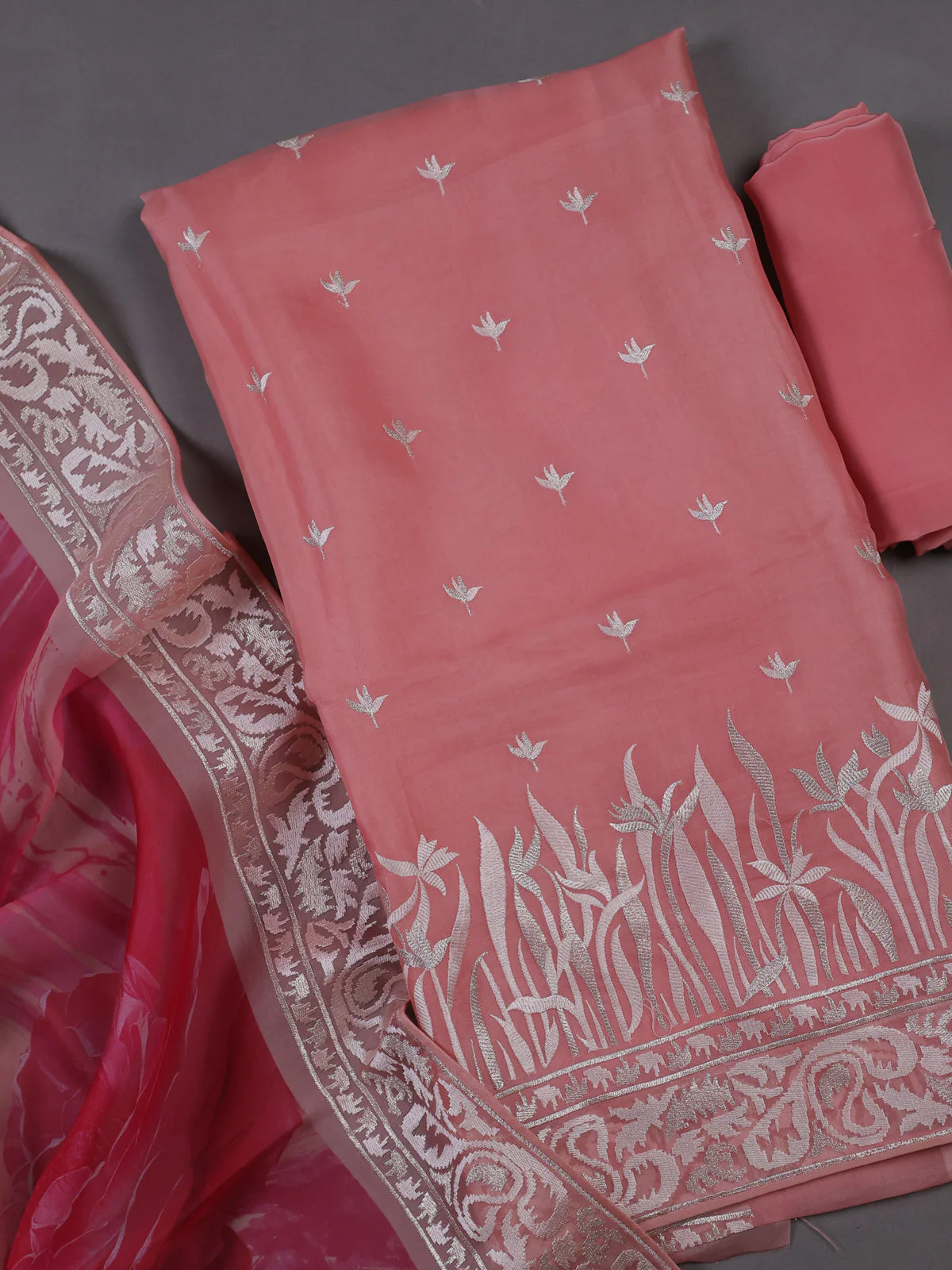 Peach Organza Silk Unstitched Suits