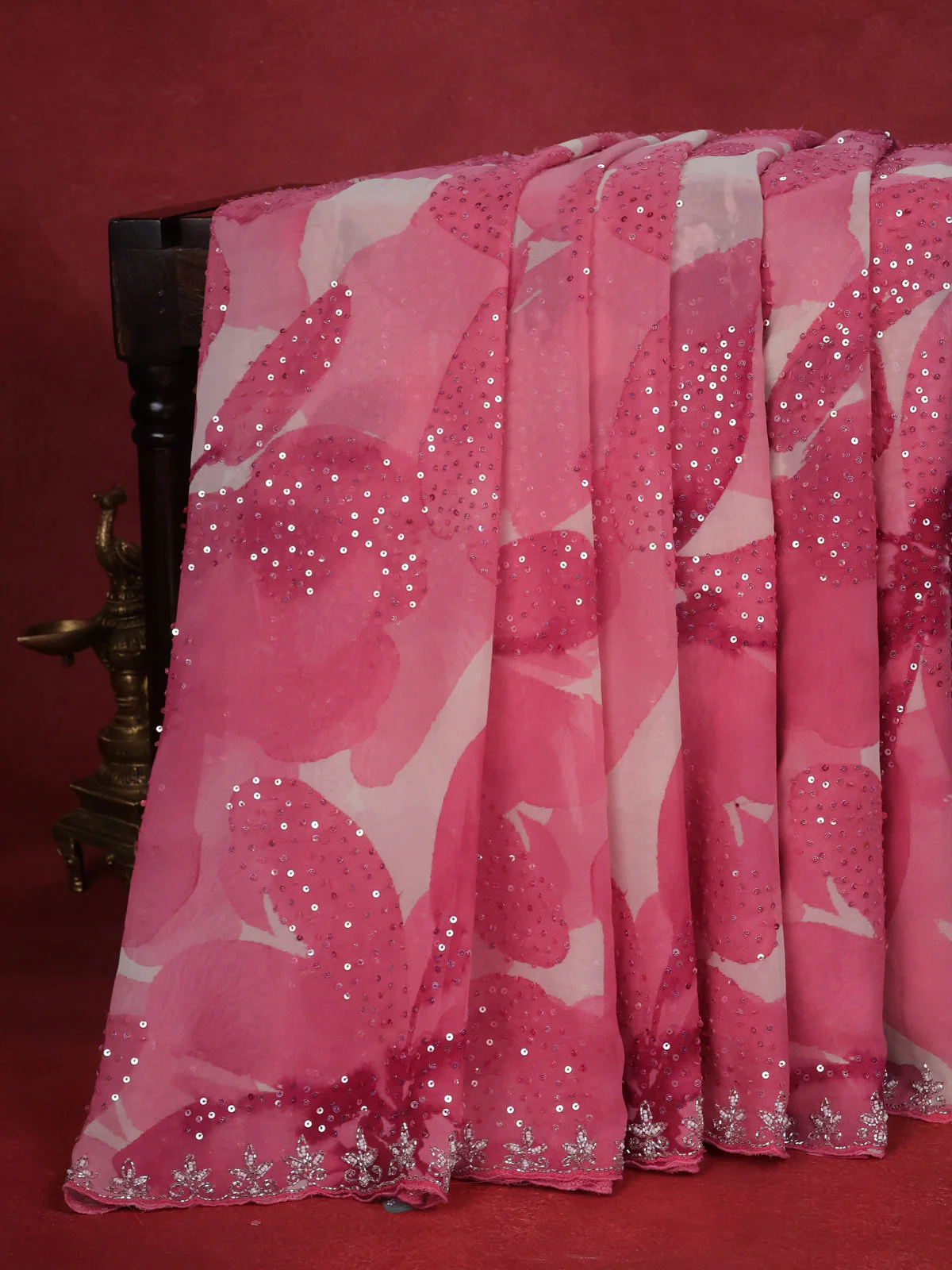 Peach Pink Georgette Sequin Embroidered Saree