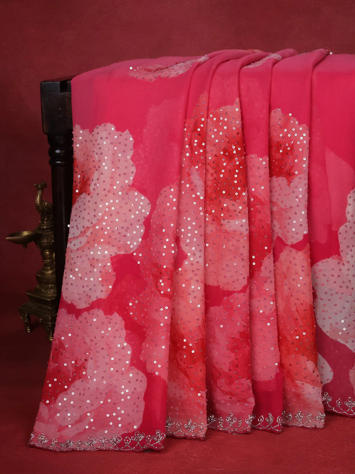 Peach Pink Georgette Sequin Embroidered Saree