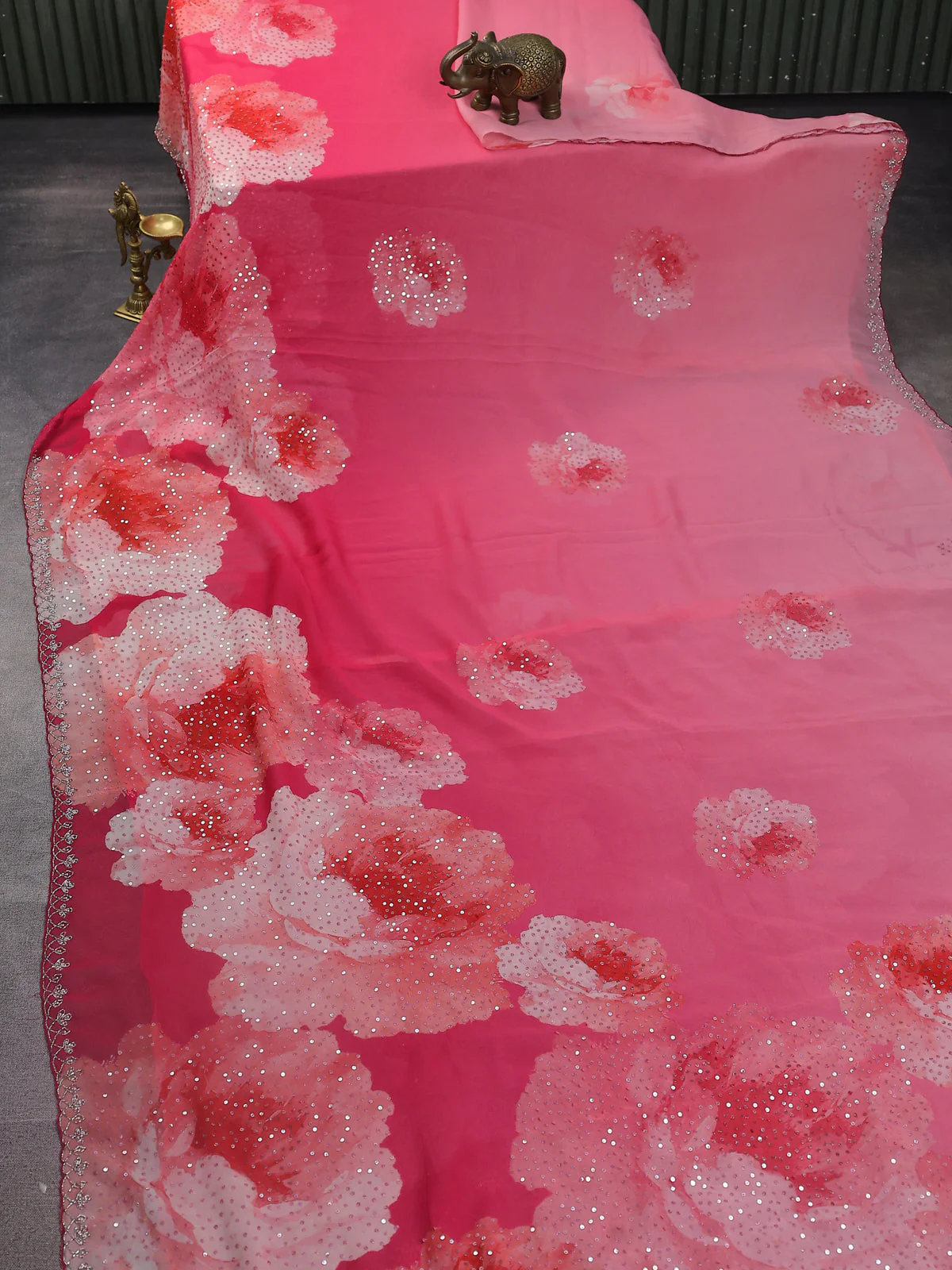 Peach Pink Georgette Sequin Embroidered Saree - Image 2