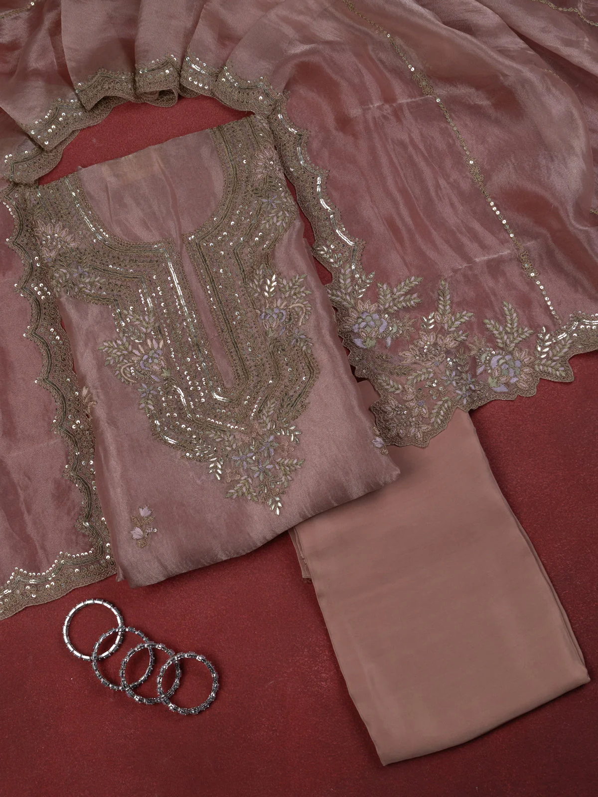 Peach Pink Tissue Silk Unstitched Suit