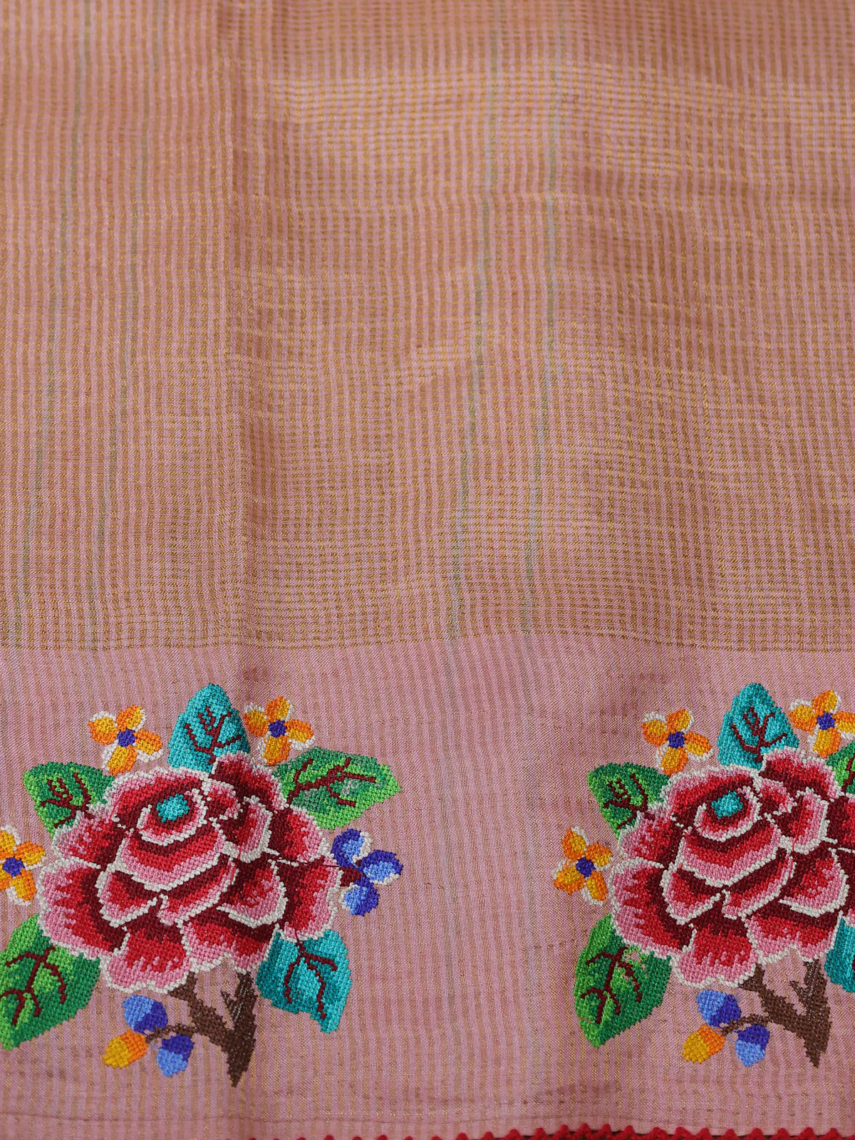 Peach Tussar Embroidery Silk Saree - Image 4
