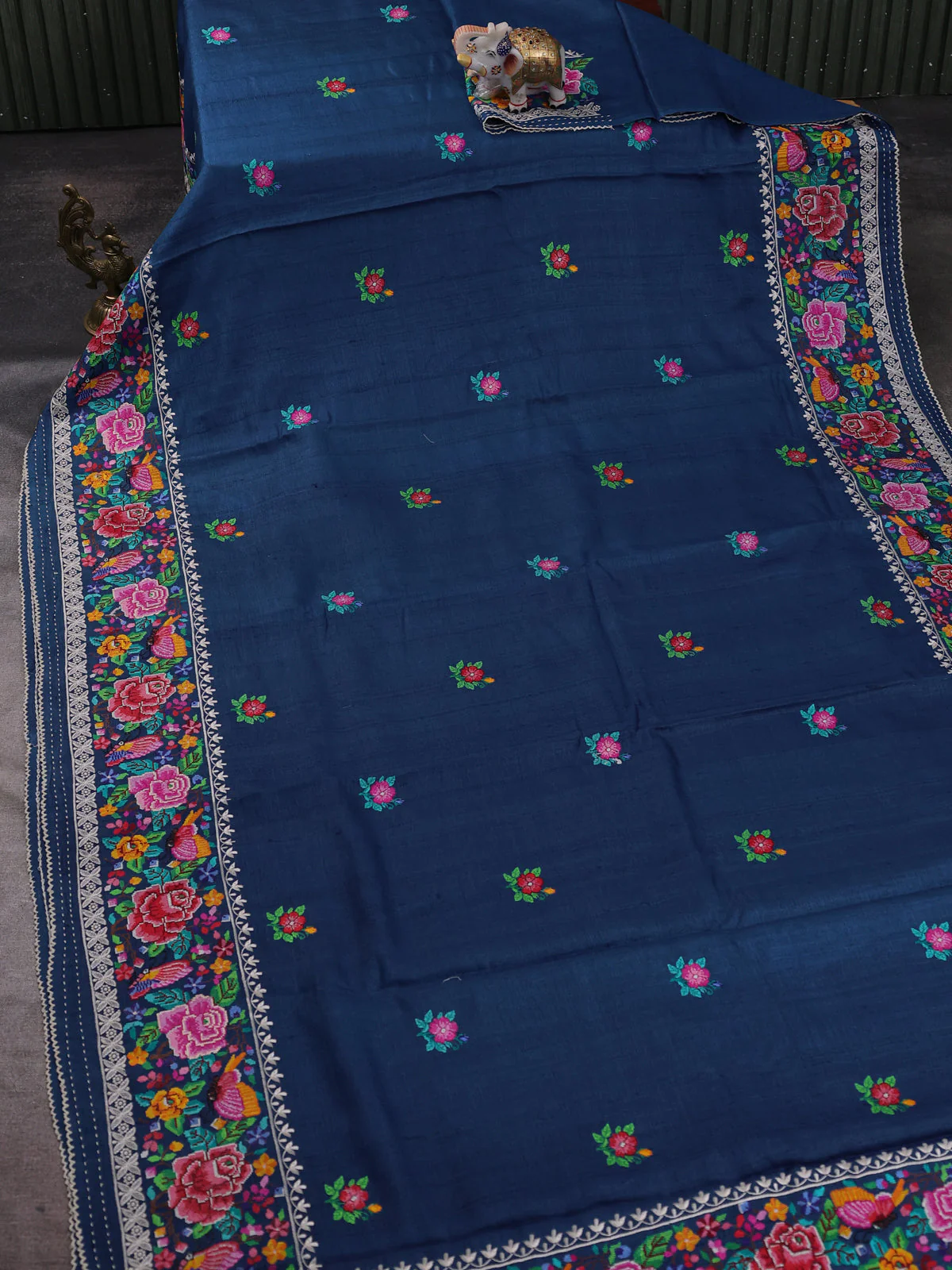 Peacock Blue Tussar Embroidery Silk Saree - Image 2