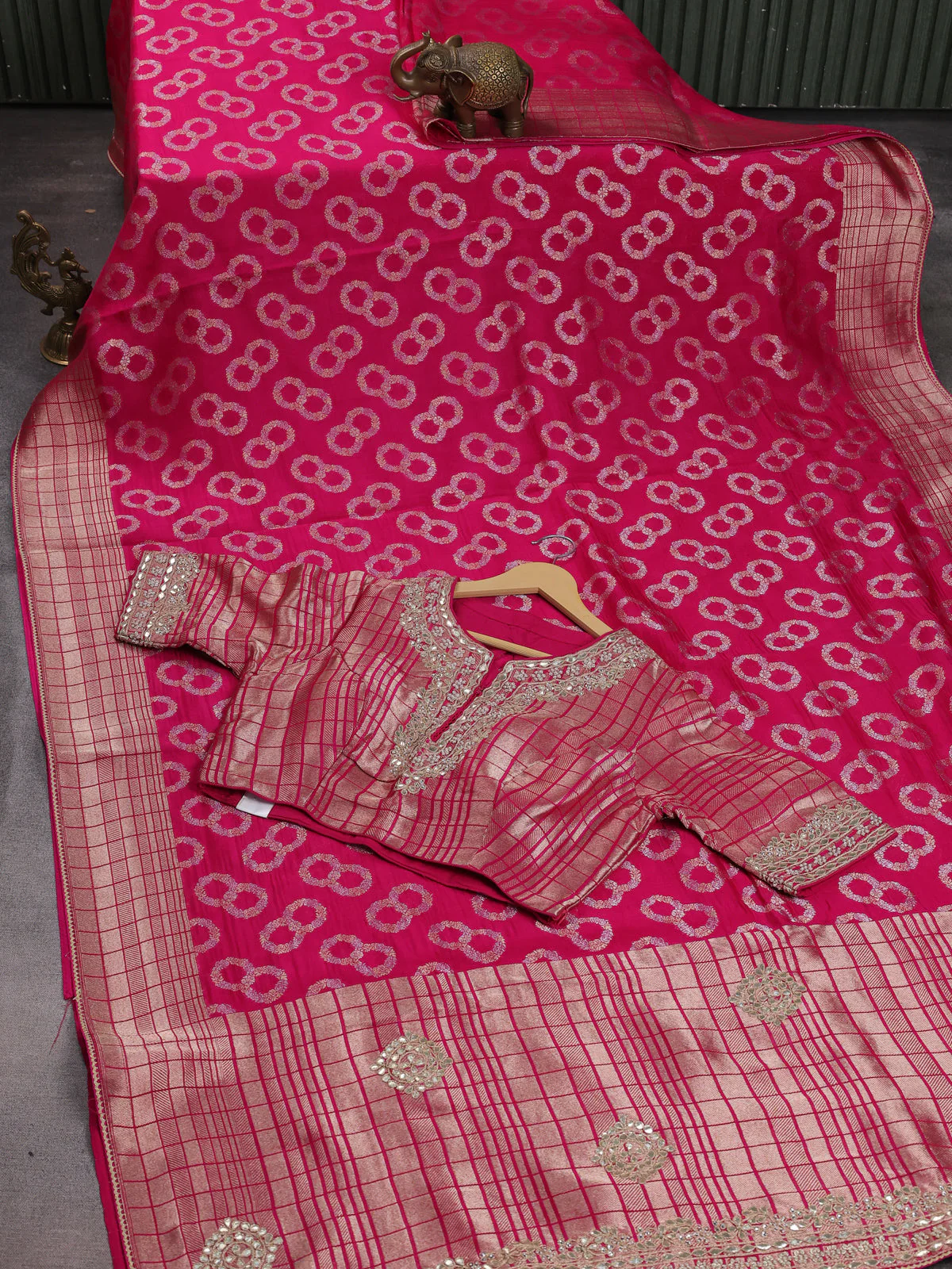 Pink Banarasi Silk Saree With Embroidered Readymade Blouse