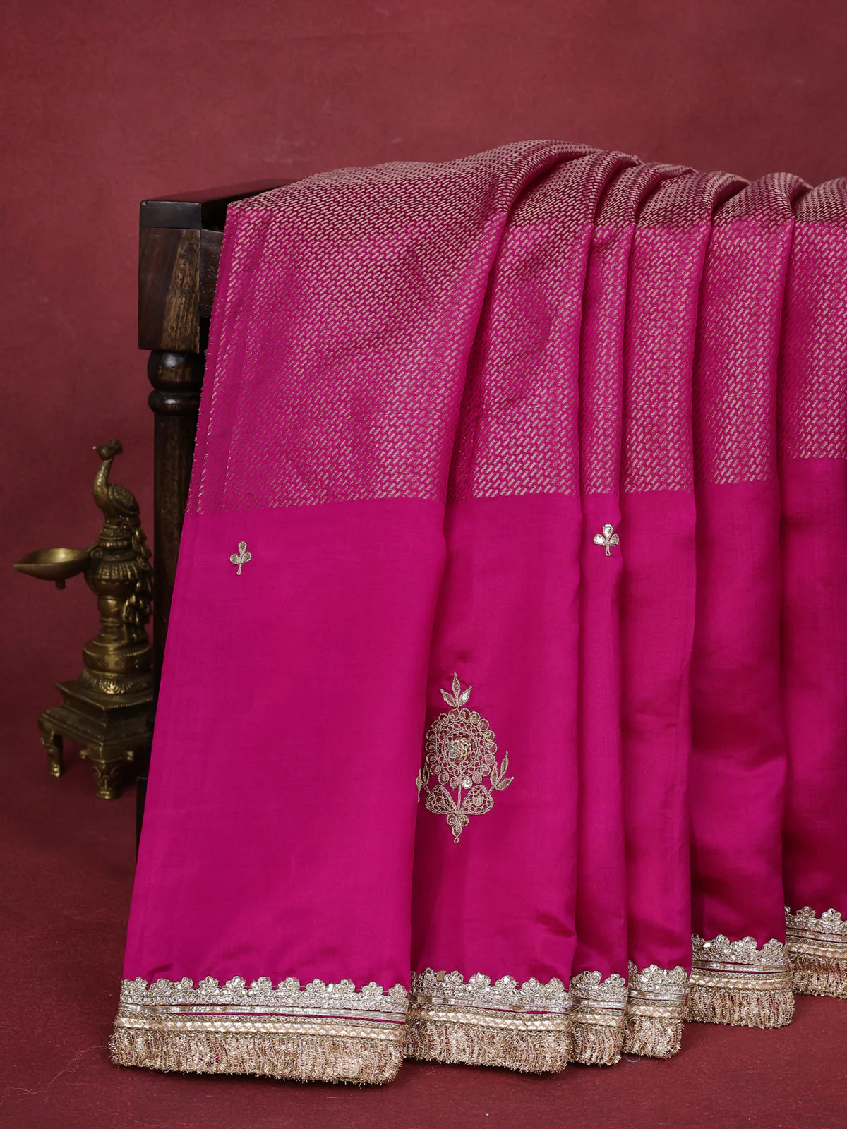 Pink Chiniya Silk Saree With Embroidery Readymade Blouse - Image 2