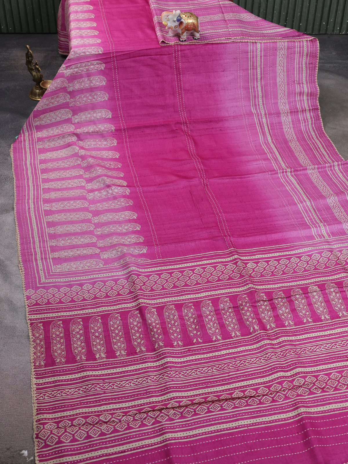 Pink - Light Pink Tussar Kantha Embroidery Silk Saree - Image 2