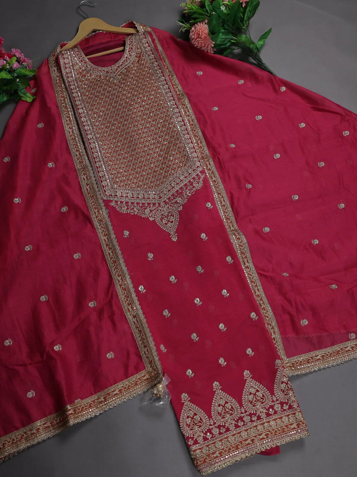 Pink Mul Chanderi Semi Stitched Suit
