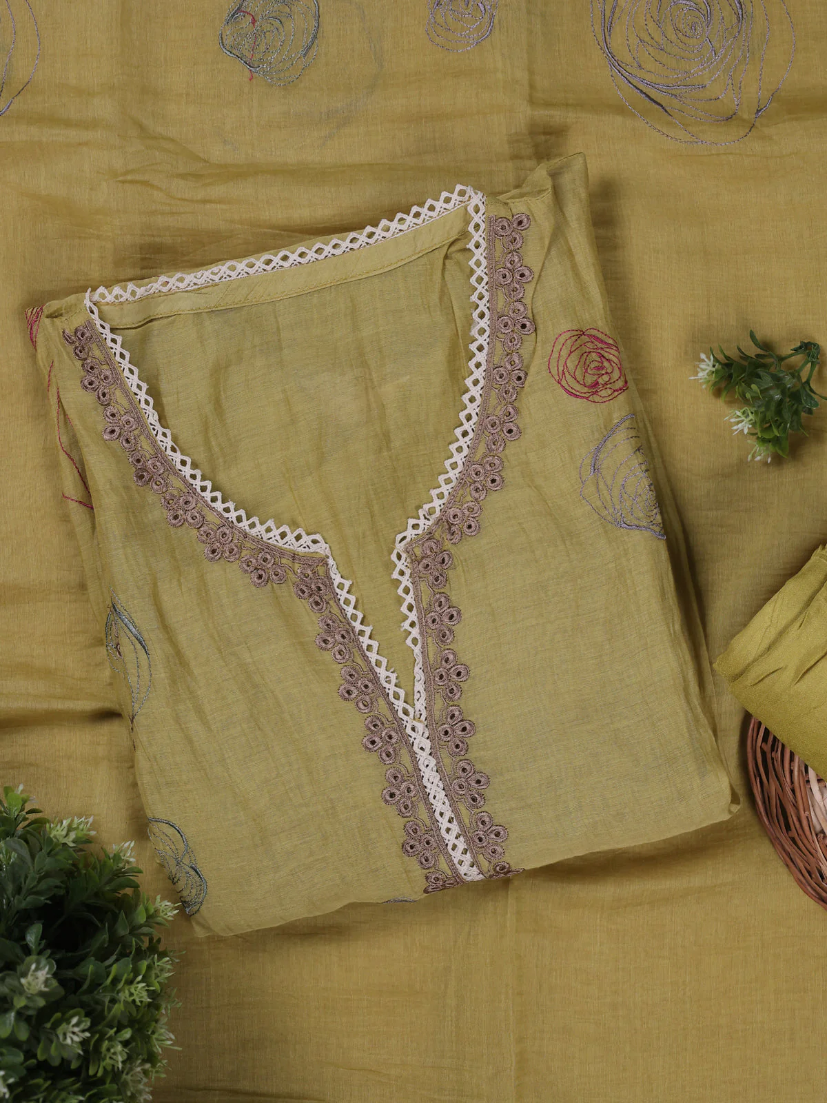 Pista Green Mul Chanderi Unstitched Suit - Image 2